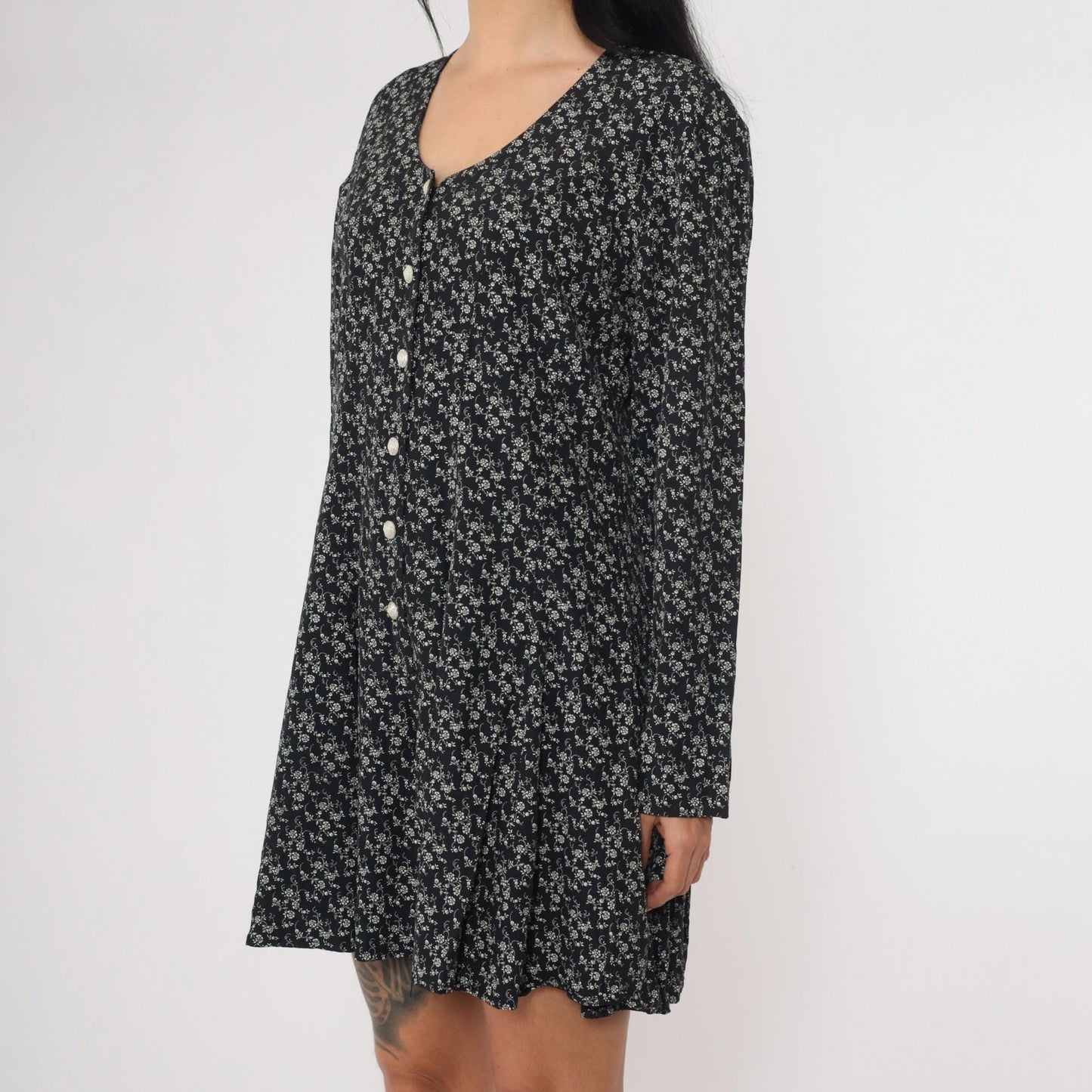 90s Floral Button-Up Romper Black White Long Sleeve Wide Leg Small Medium
