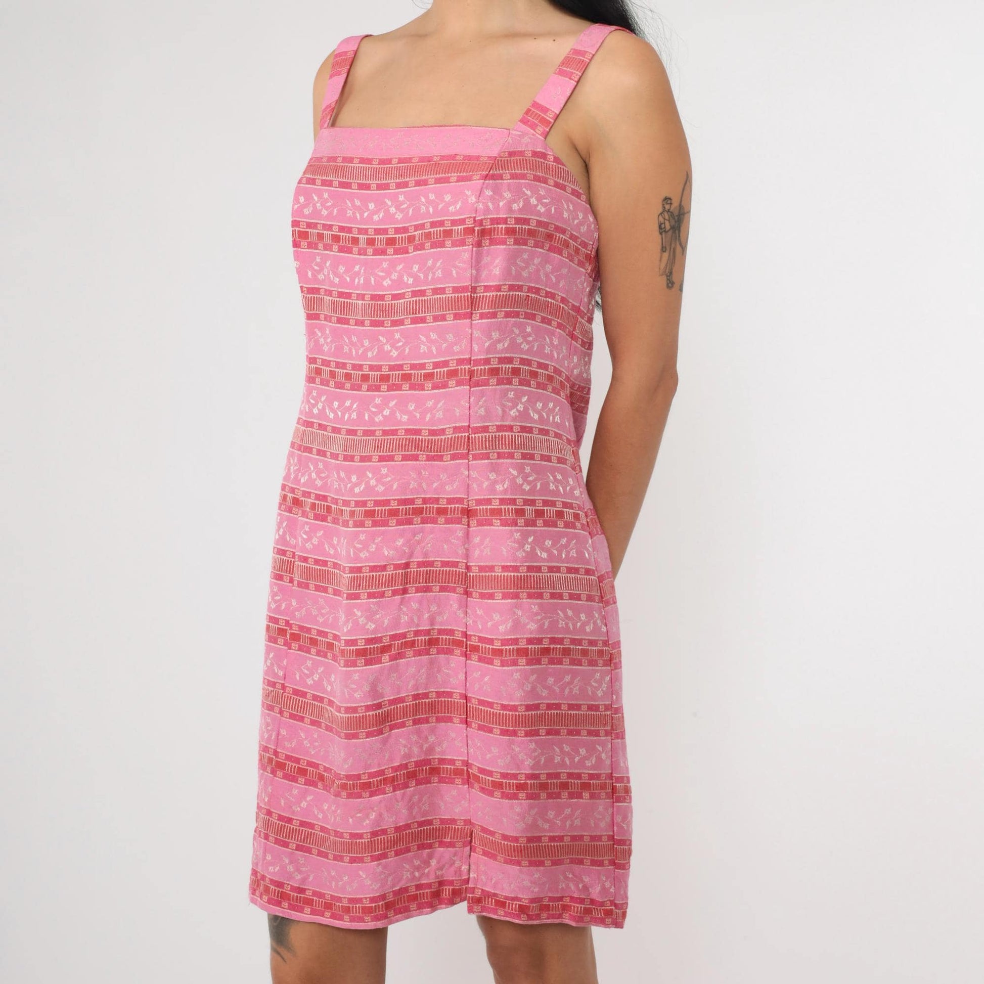 90s Pink Striped Floral Jacquard Mini Dress Square Neck Sleeveless Extra Small XS