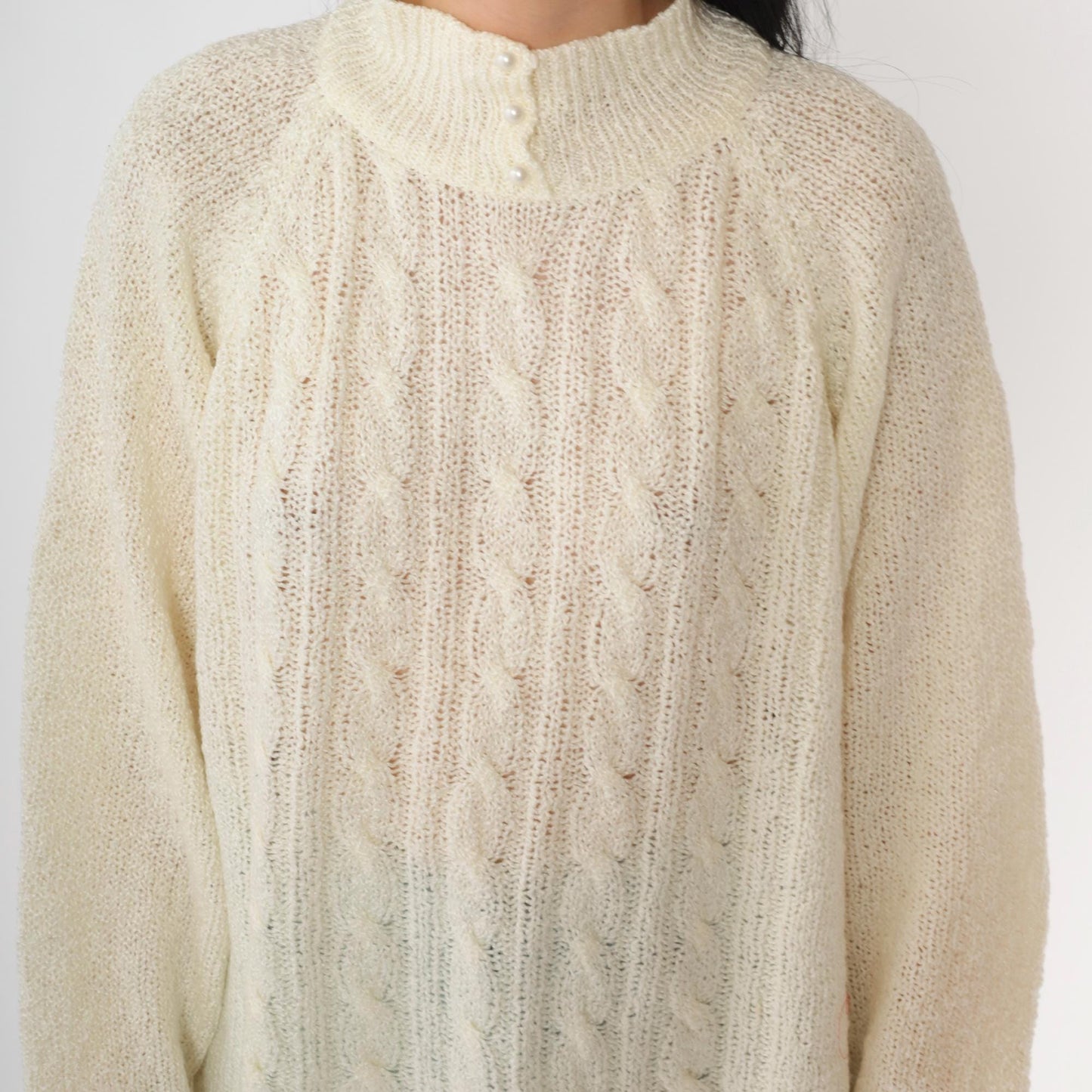 80s Miranda Cable Knit Sweater Cream Mock Neck Pearl Buttons Large L