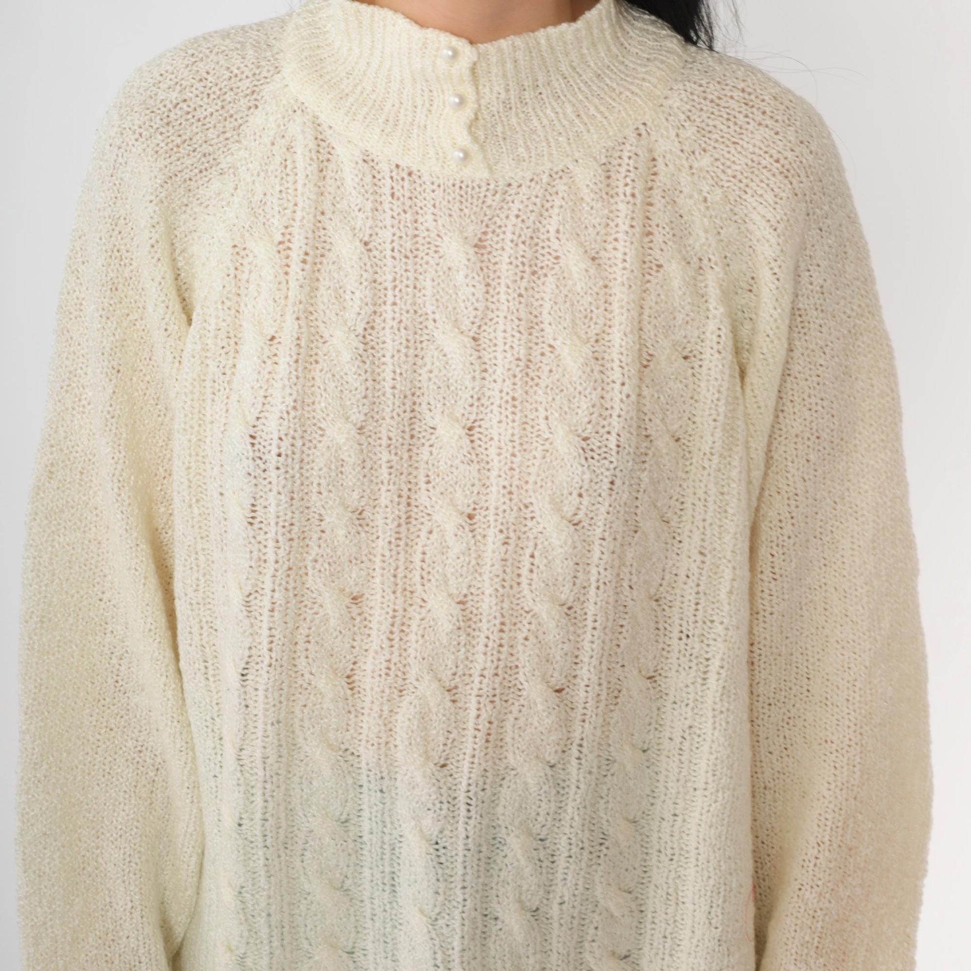 80s Miranda Cable Knit Sweater Cream Mock Neck Pearl Buttons Large L