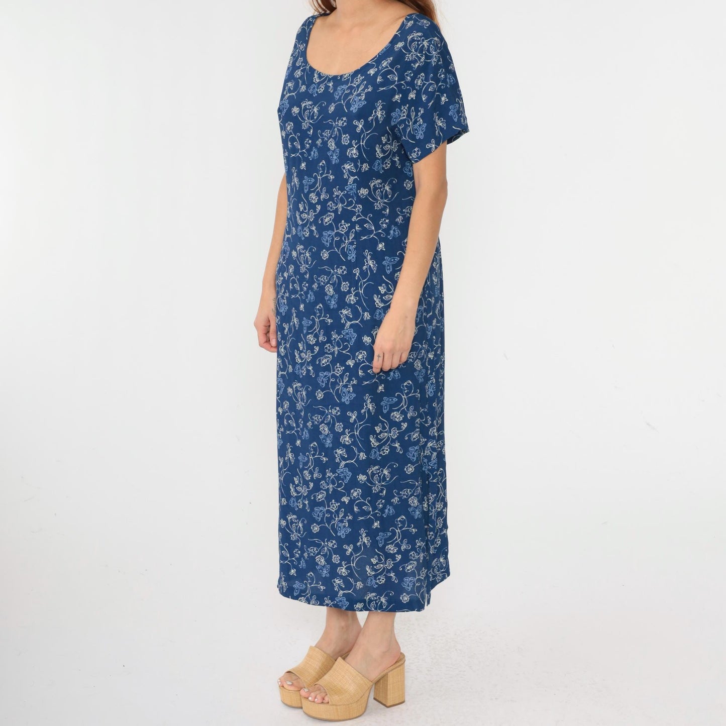 90s Erika Studio Floral Butterfly Maxi Dress Blue Ankle Length Medium