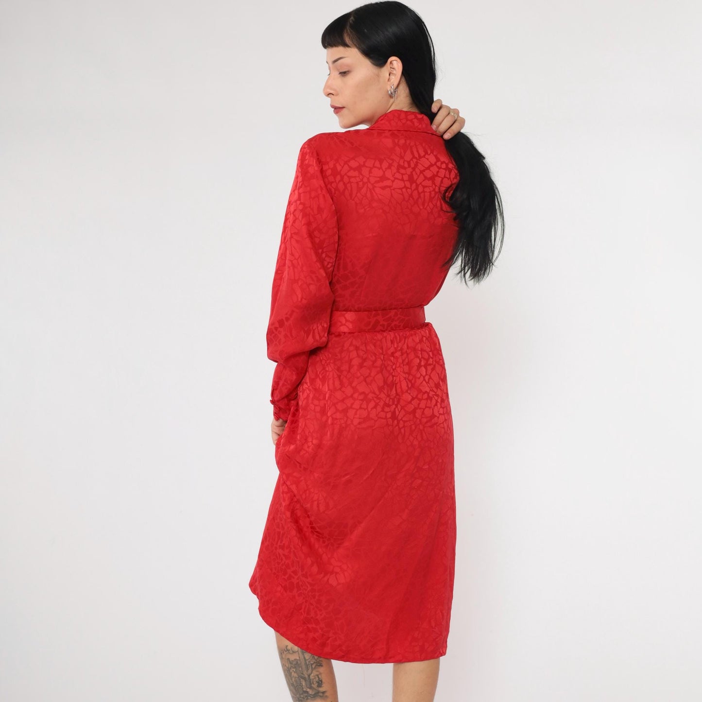 90s Liz Claiborne Red Silk Wrap Dress Embossed Mosaic V Neck Midi Extra Small XS