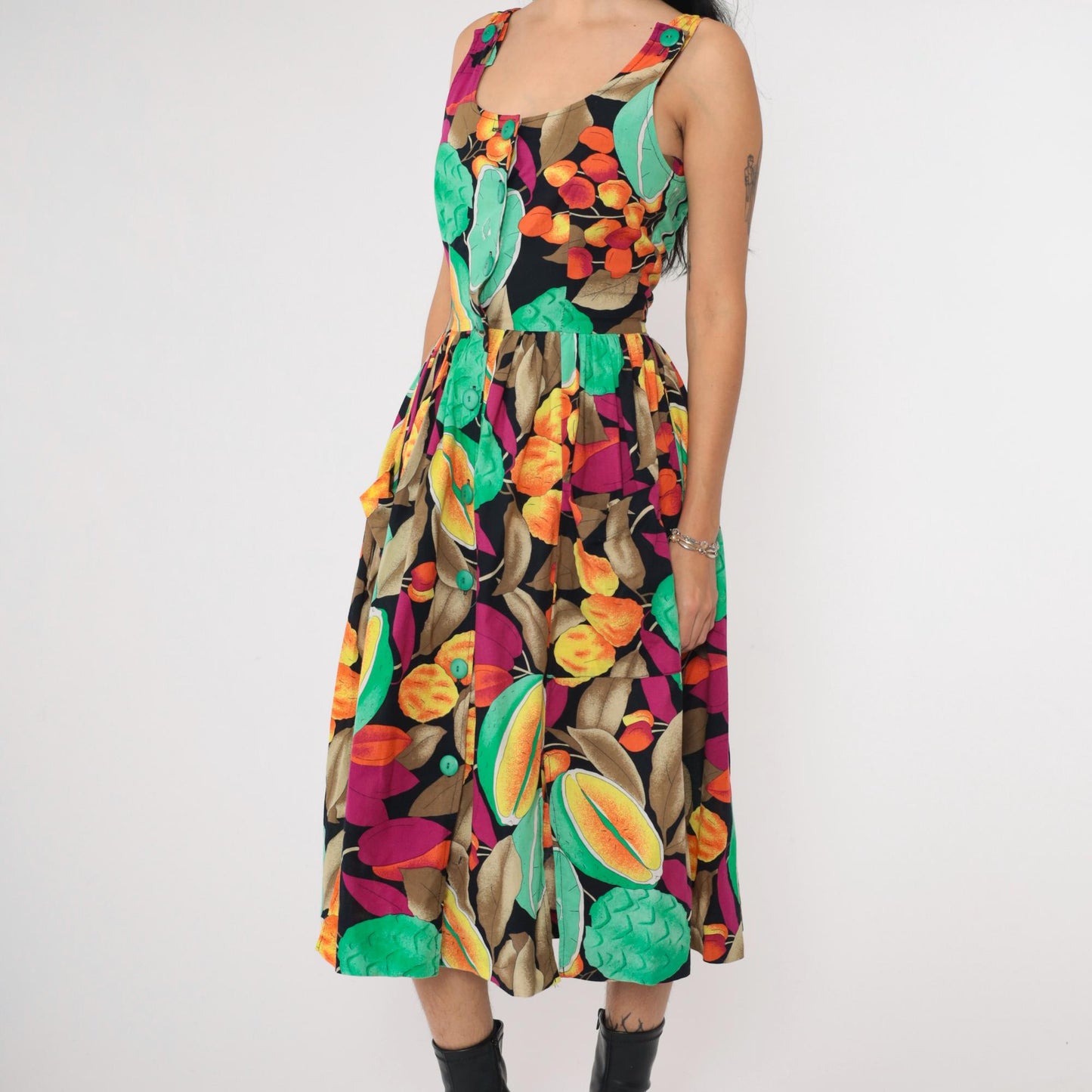 80s Alouette Tropical Fruit Midi Dress Black Button-Up Sleeveless Extra Small