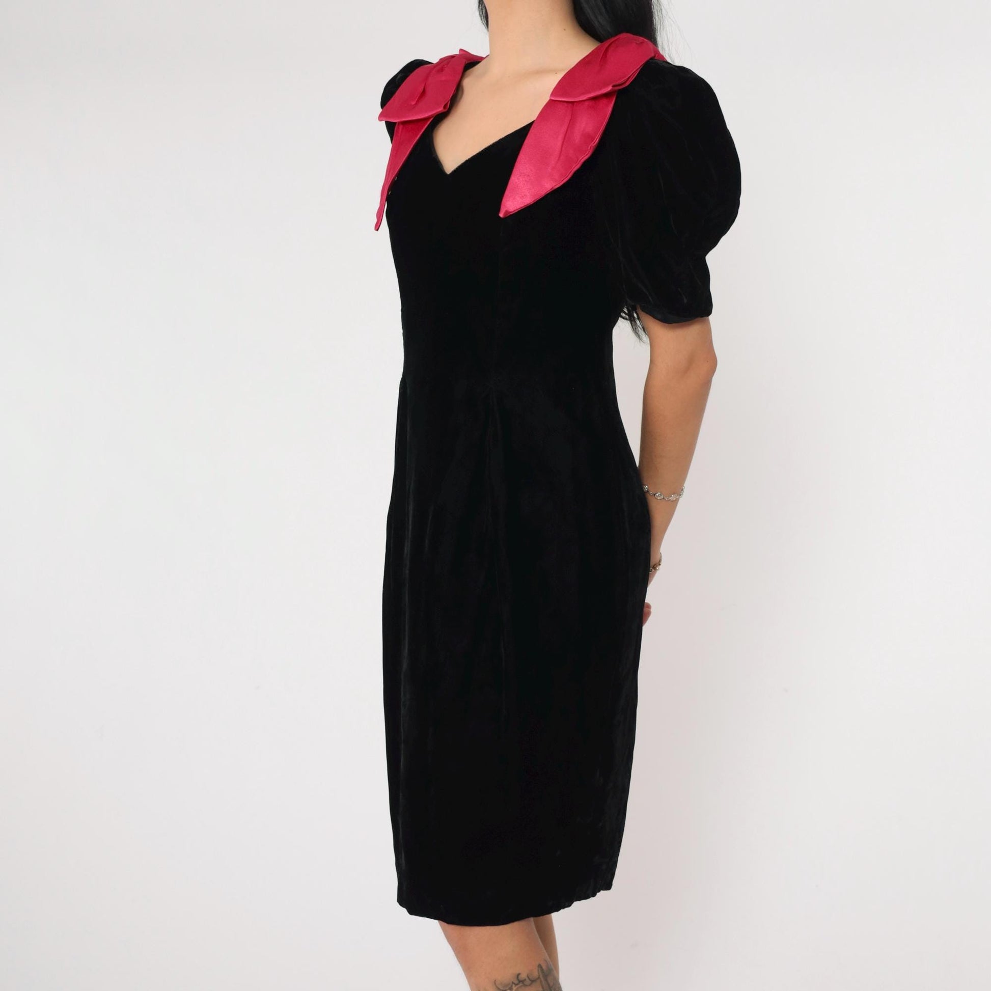 80s Black Velvet Mini Dress Puff Sleeve Fuchsia Bow Sheath Small 4