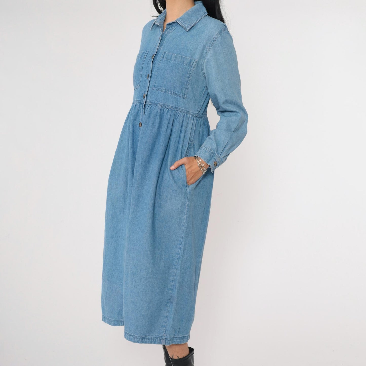 90s J.G. Hook Denim Midi Shirtdress Blue High-Waisted Button-Up Small Petite