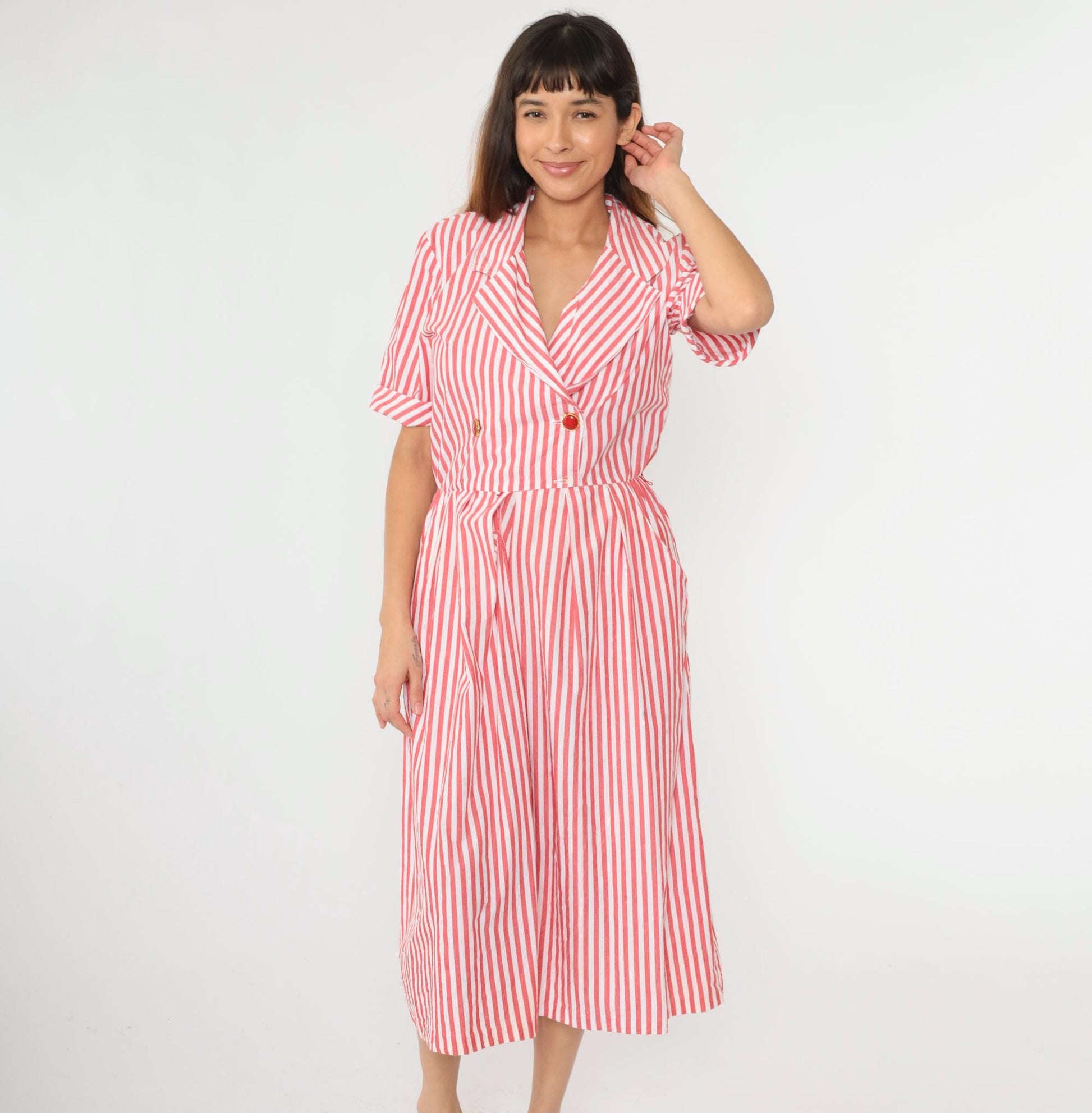 90s Red White Striped Cotton Midi Shirtdress Double Breasted High Waist Small Medium
