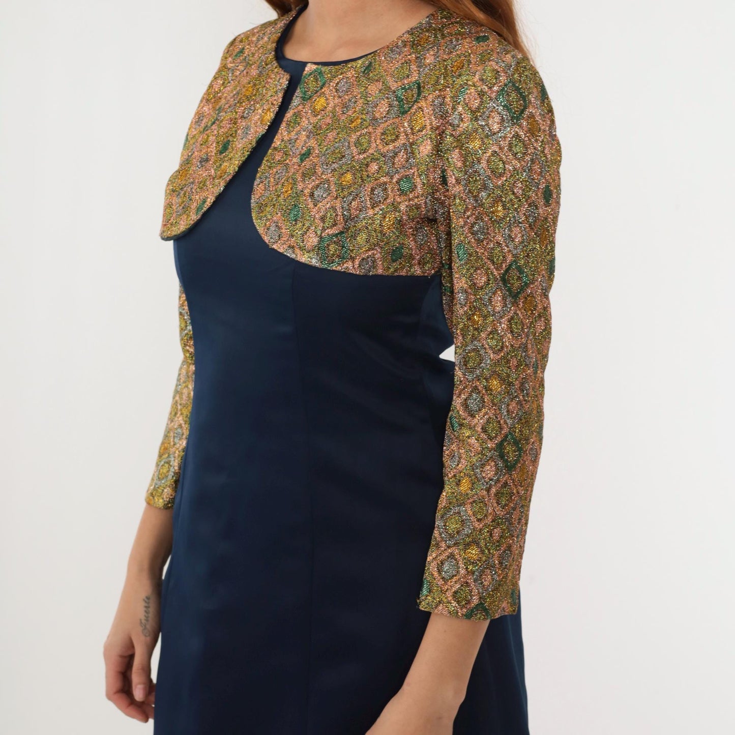 70s Metallic Geometric Bolero Jacket Dress Navy Gold Sheath Small