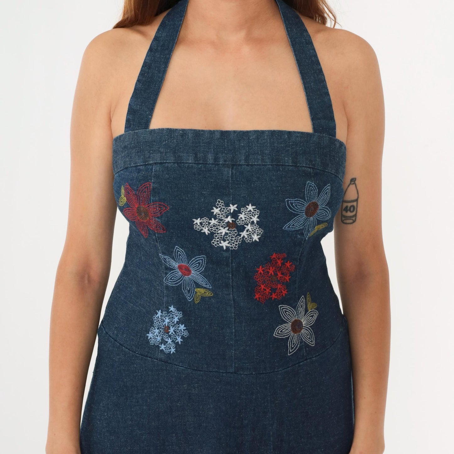 Y2K Denim Midi Dress Floral Embroidered Halter Neck Backless Small