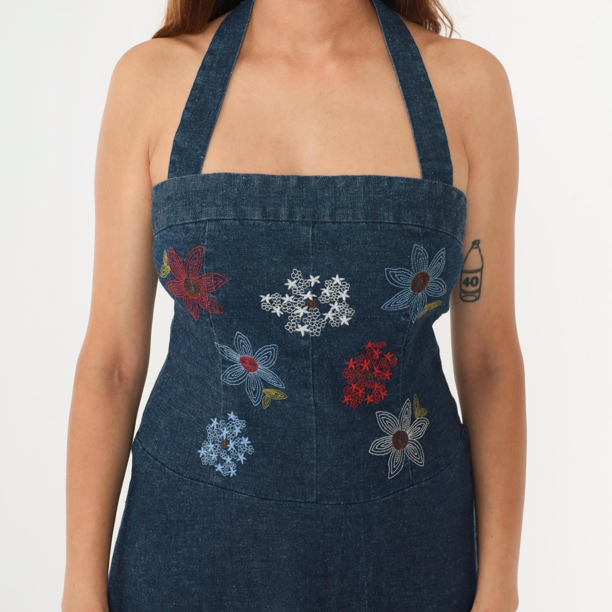 Y2K Denim Midi Dress Floral Embroidered Halter Neck Backless Small