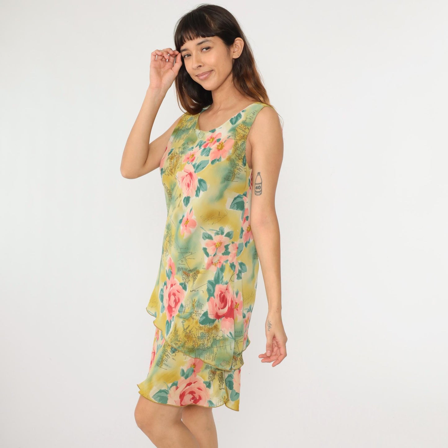 Y2K Tropical Map Floral Mini Sundress Asymmetrical Tiered Hem Pink Medium