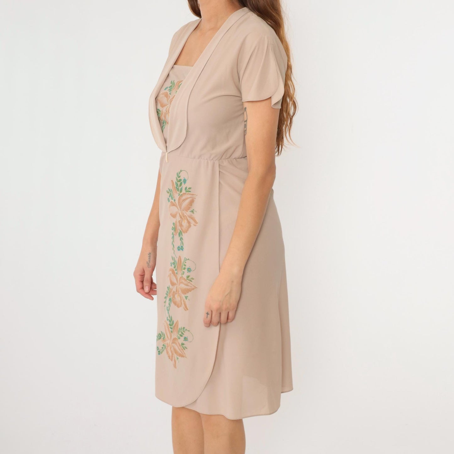 70s Floral Midi Dress Taupe Orchid High Waist Attached Jacket Small