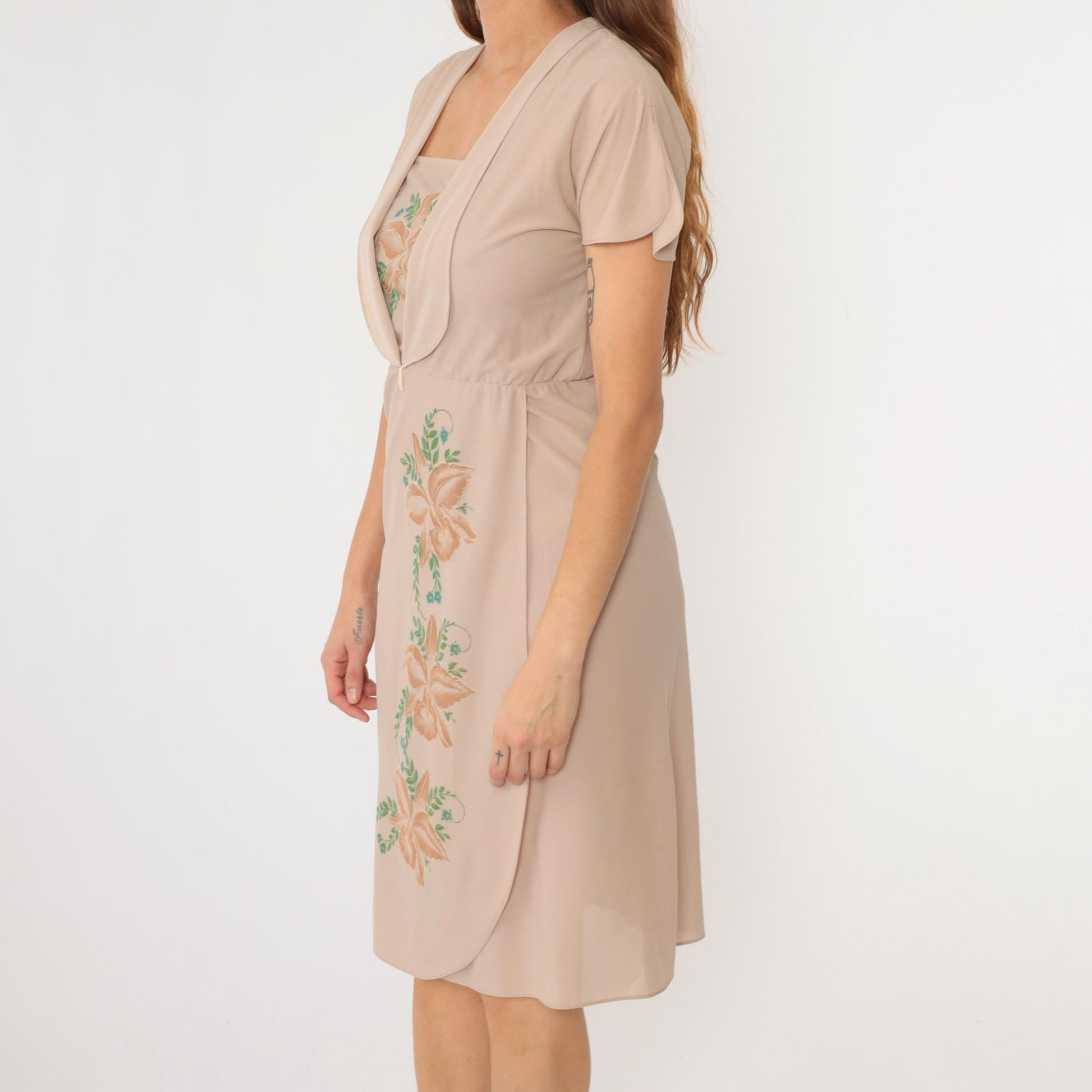 70s Floral Midi Dress Taupe Orchid High Waist Attached Jacket Small