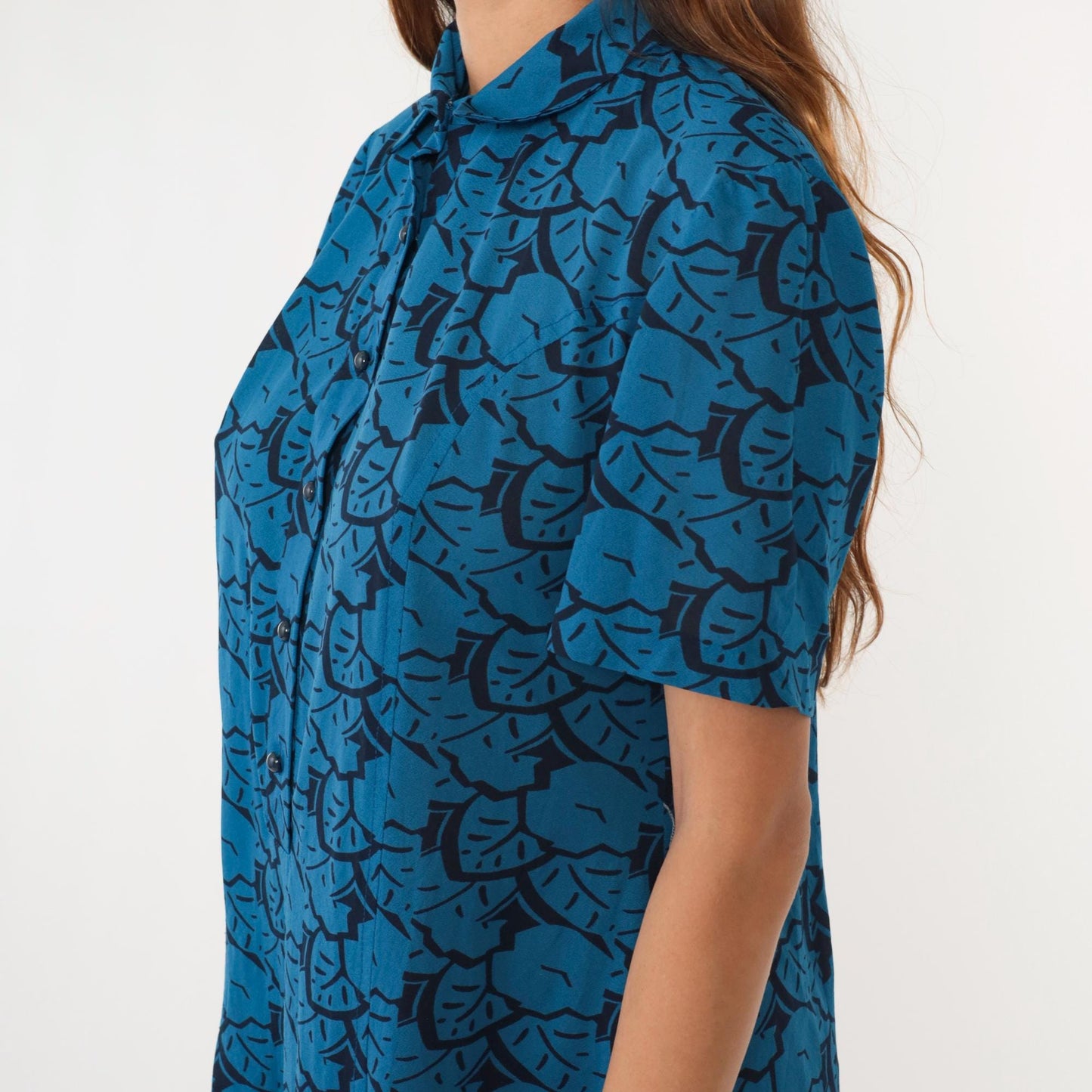 80s Abstract Floral Midi Shirtdress Button-Up Short Sleeve Black Blue Medium Large