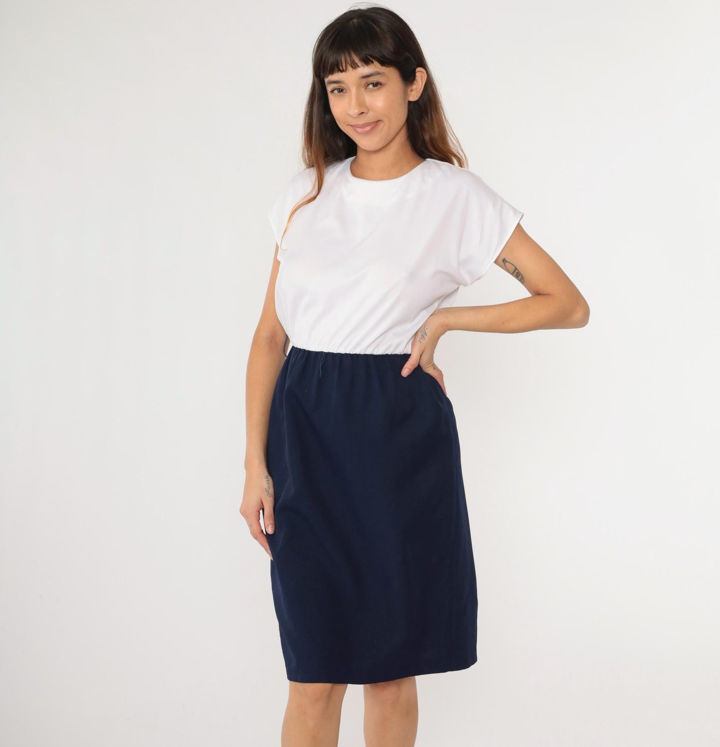 70s Color Block Midi Dress White Navy Cap Sleeve High Waist Medium Petite