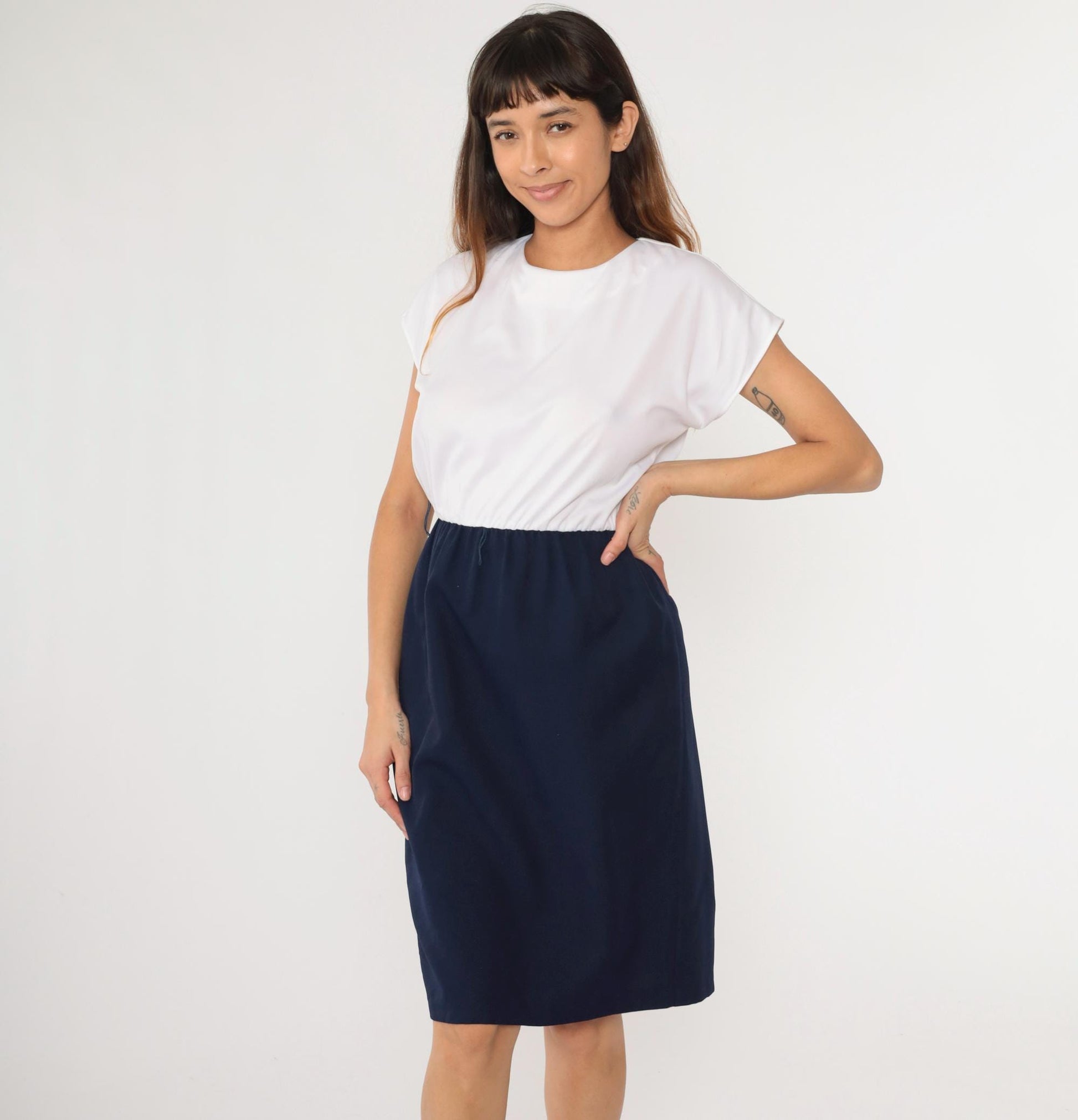 70s Color Block Midi Dress White Navy Cap Sleeve High Waist Medium Petite