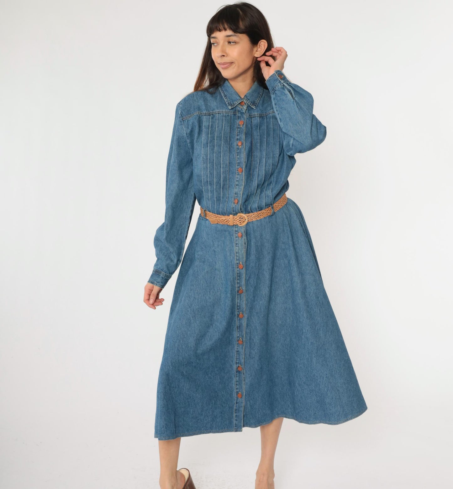 90s Nina Piccalino Denim Midi Shirtdress Blue High Waist Pleated Large 14