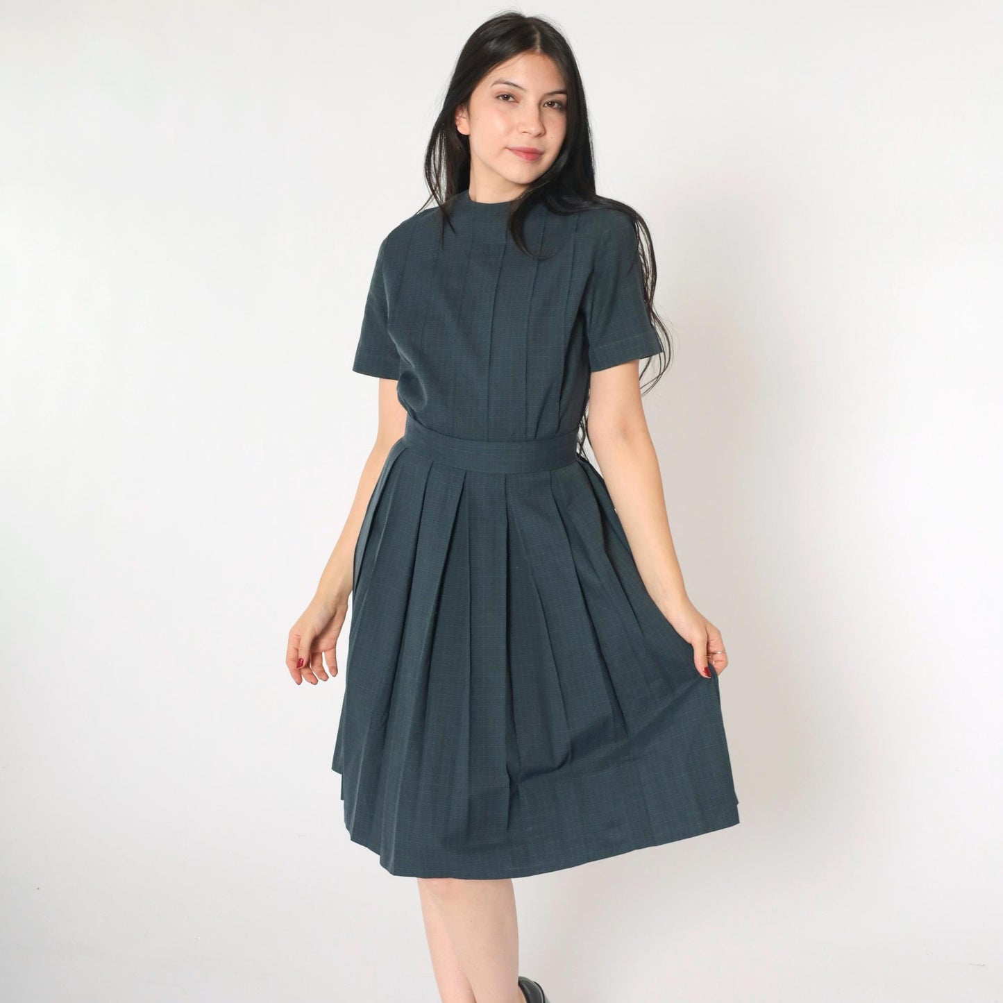 1960s Grey Checkered Pleated Day Dress High Waist Button Back Small