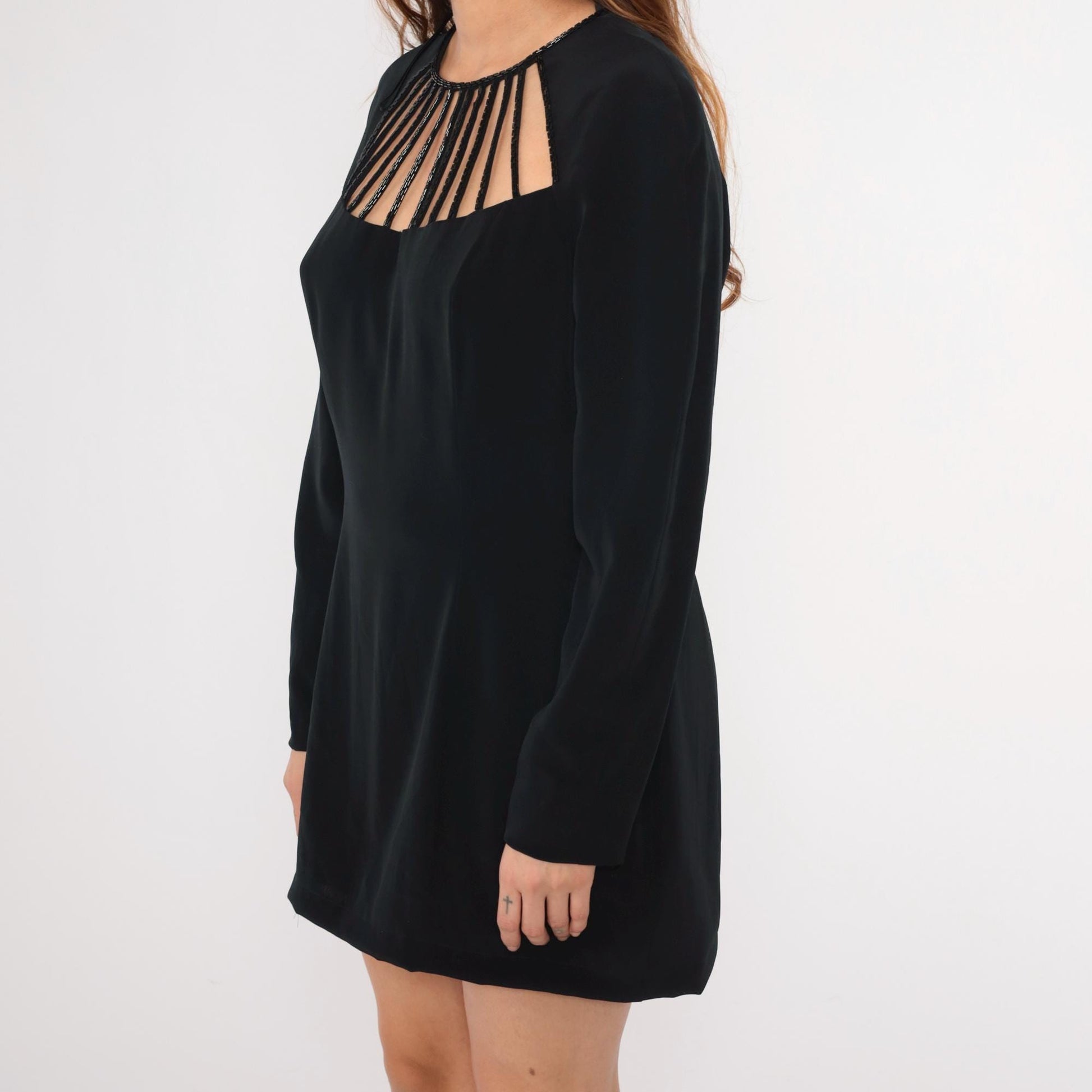 90s Black Beaded Cage Neckline Mini Dress Long Sleeve Sheath Large L