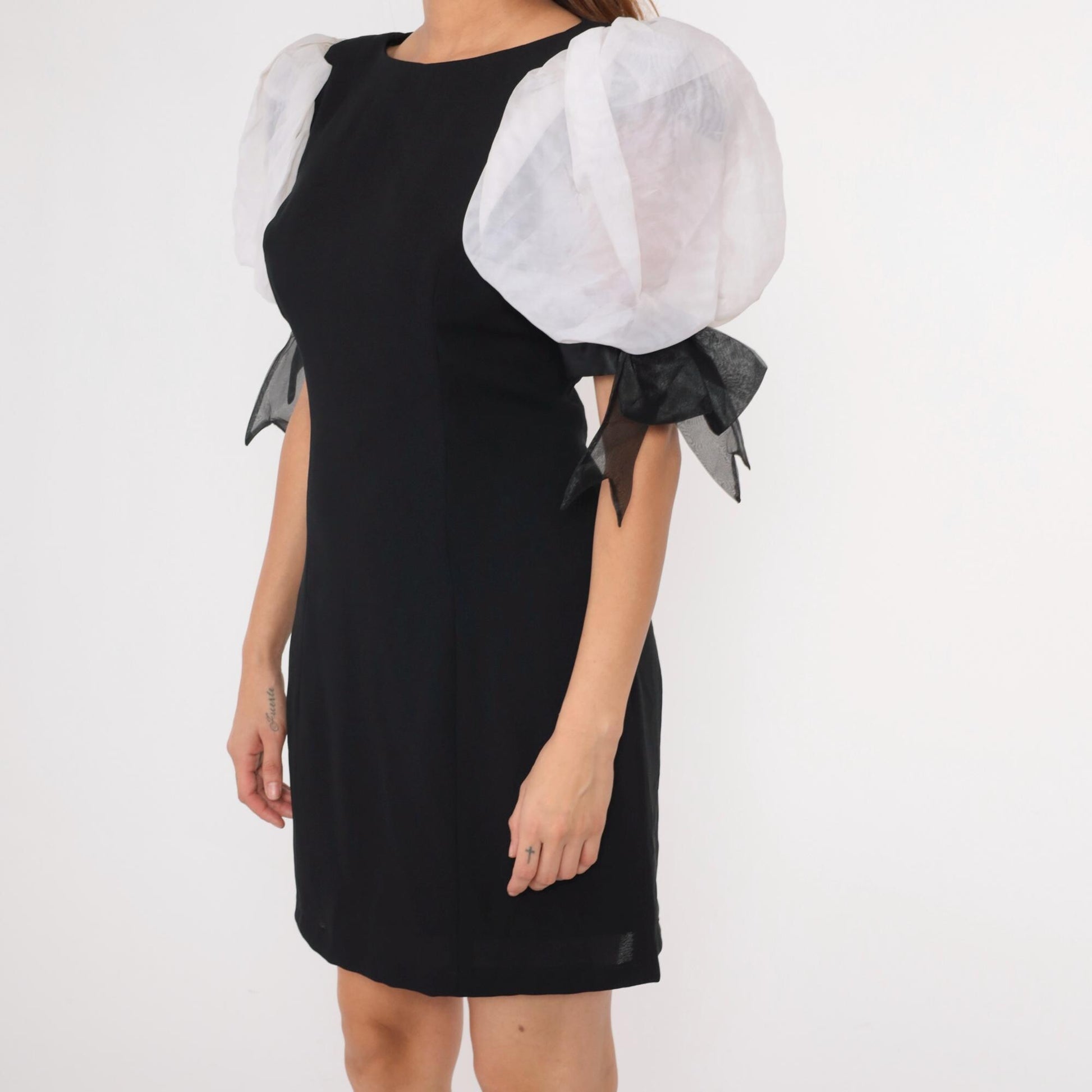 80s Black Organza Puff Sleeve Mini Dress with Bow Cuffs Small