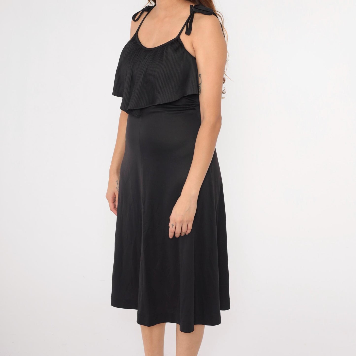 70s Black Midi Dress Ruffled Neckline Spaghetti Strap Disco Small