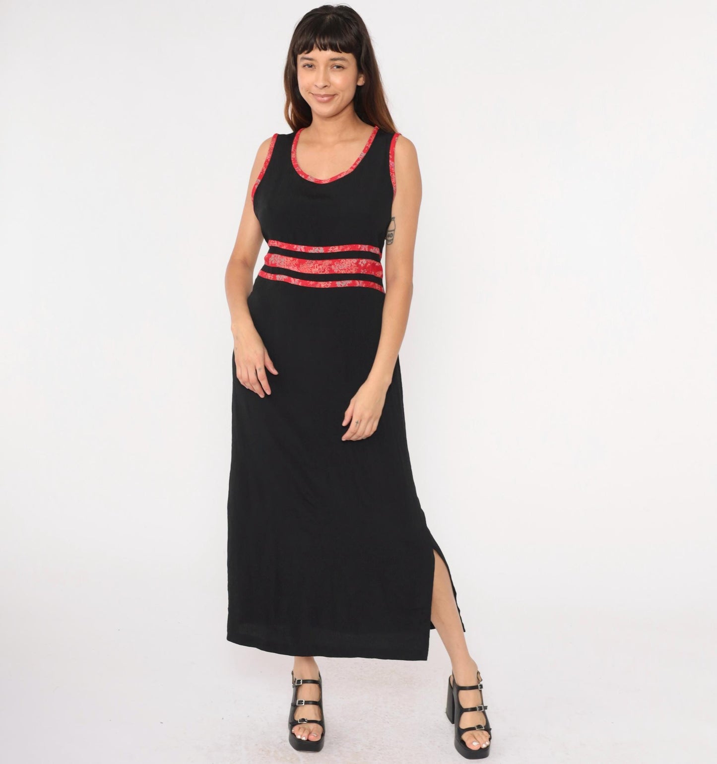 90s Black Maxi Dress Asian Jacquard Trim Sleeveless High Waist Medium
