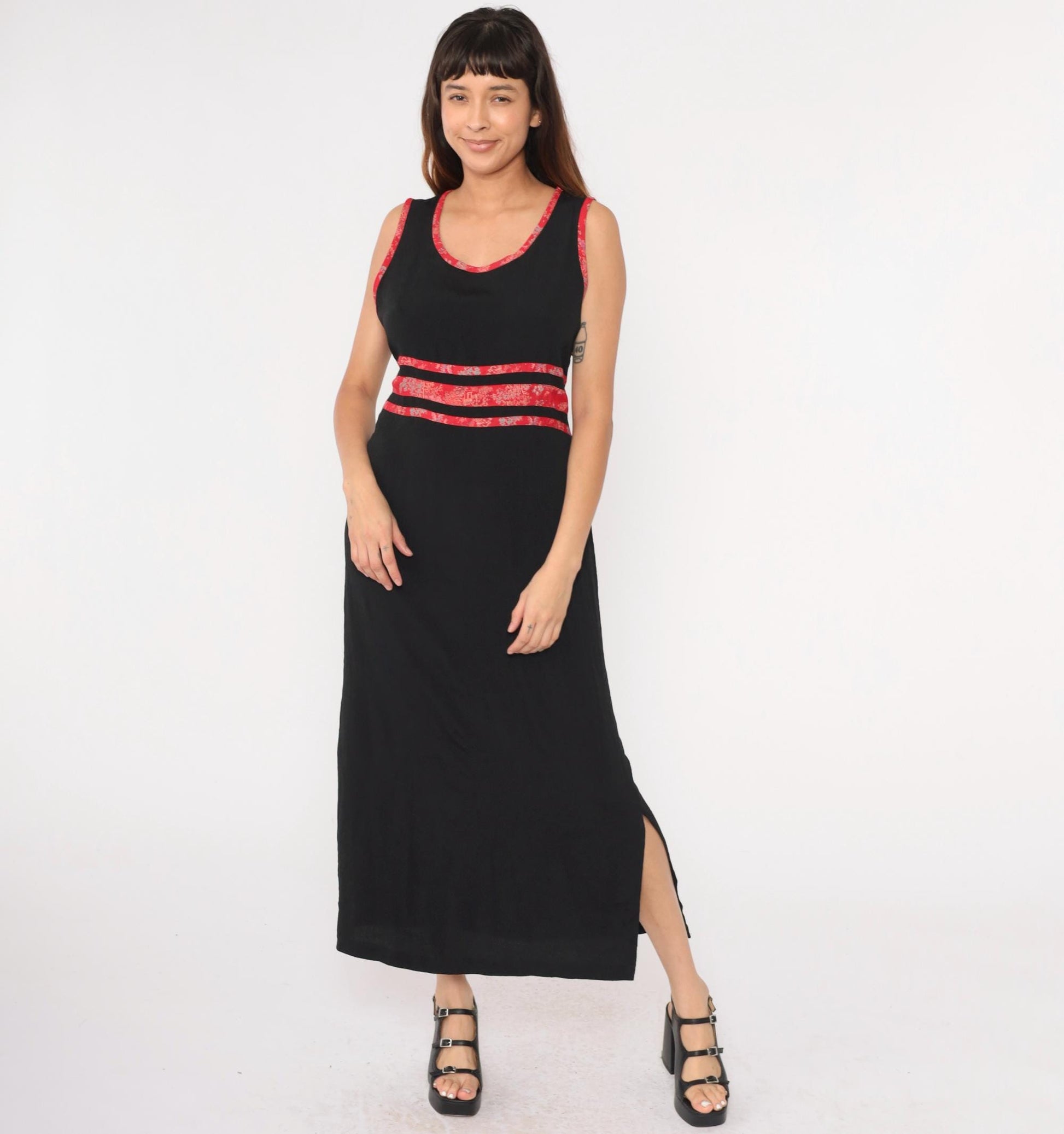 90s Black Maxi Dress Asian Jacquard Trim Sleeveless High Waist Medium