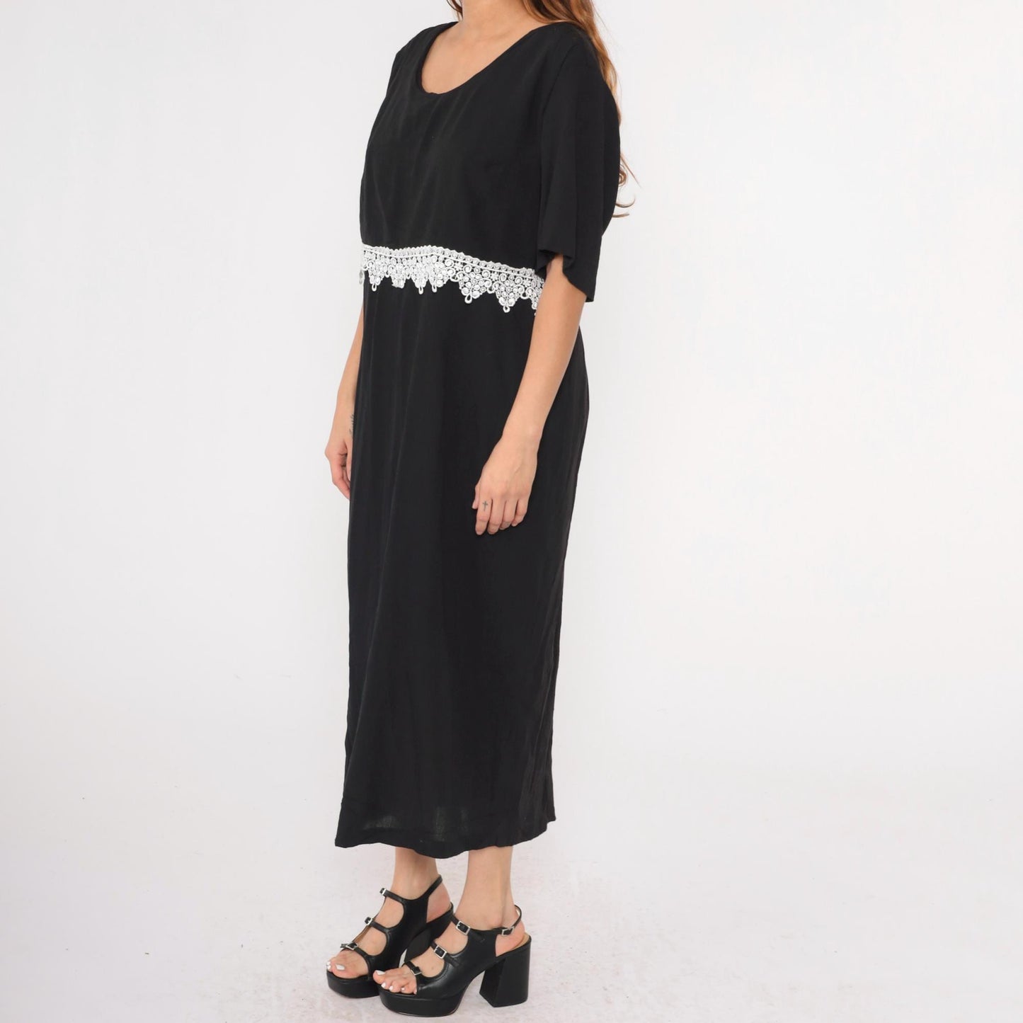 90s Black Maxi Dress White Lace Trim Short Sleeve Scoop Neck Plus Size 20W