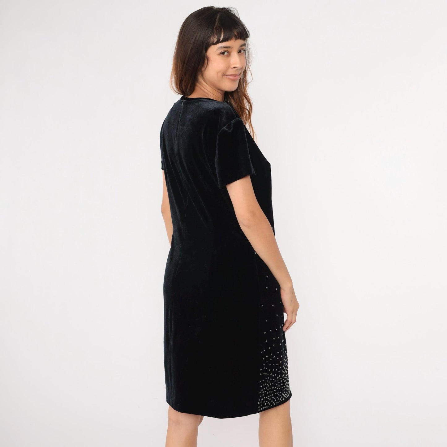 90s Black Velvet Beaded Mini Dress Short Sleeve Shift Large L