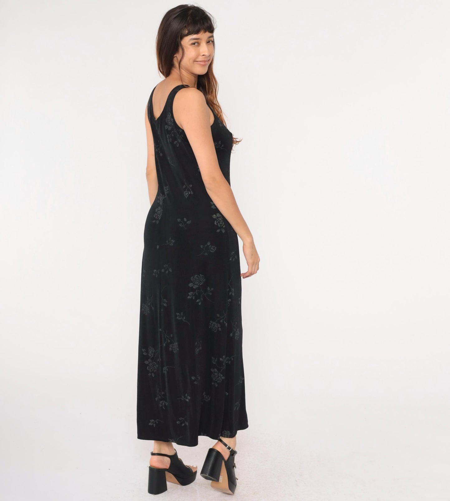 90s John Paul Richard Black Floral Glitter Maxi Dress Sleeveless Large L