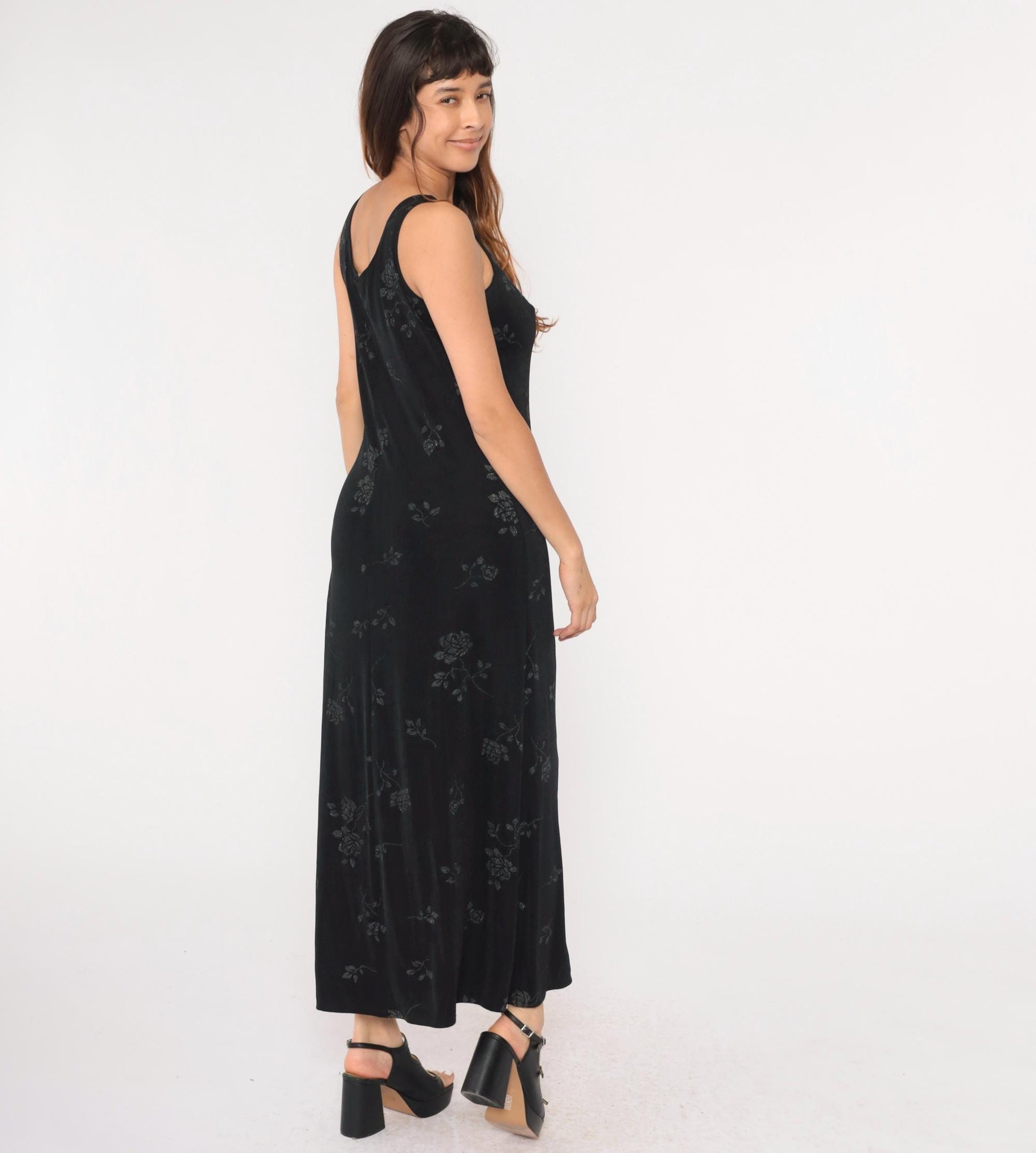 90s John Paul Richard Black Floral Glitter Maxi Dress Sleeveless Large L