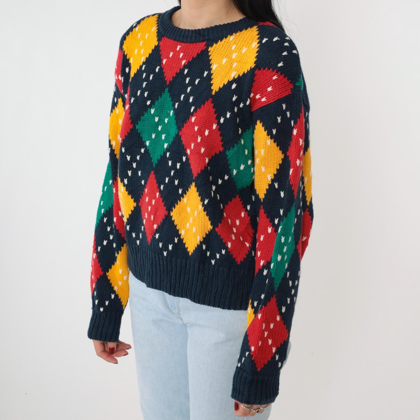90s LizSport Argyle Sweater Navy Crewneck Pullover Cotton Ramie Medium