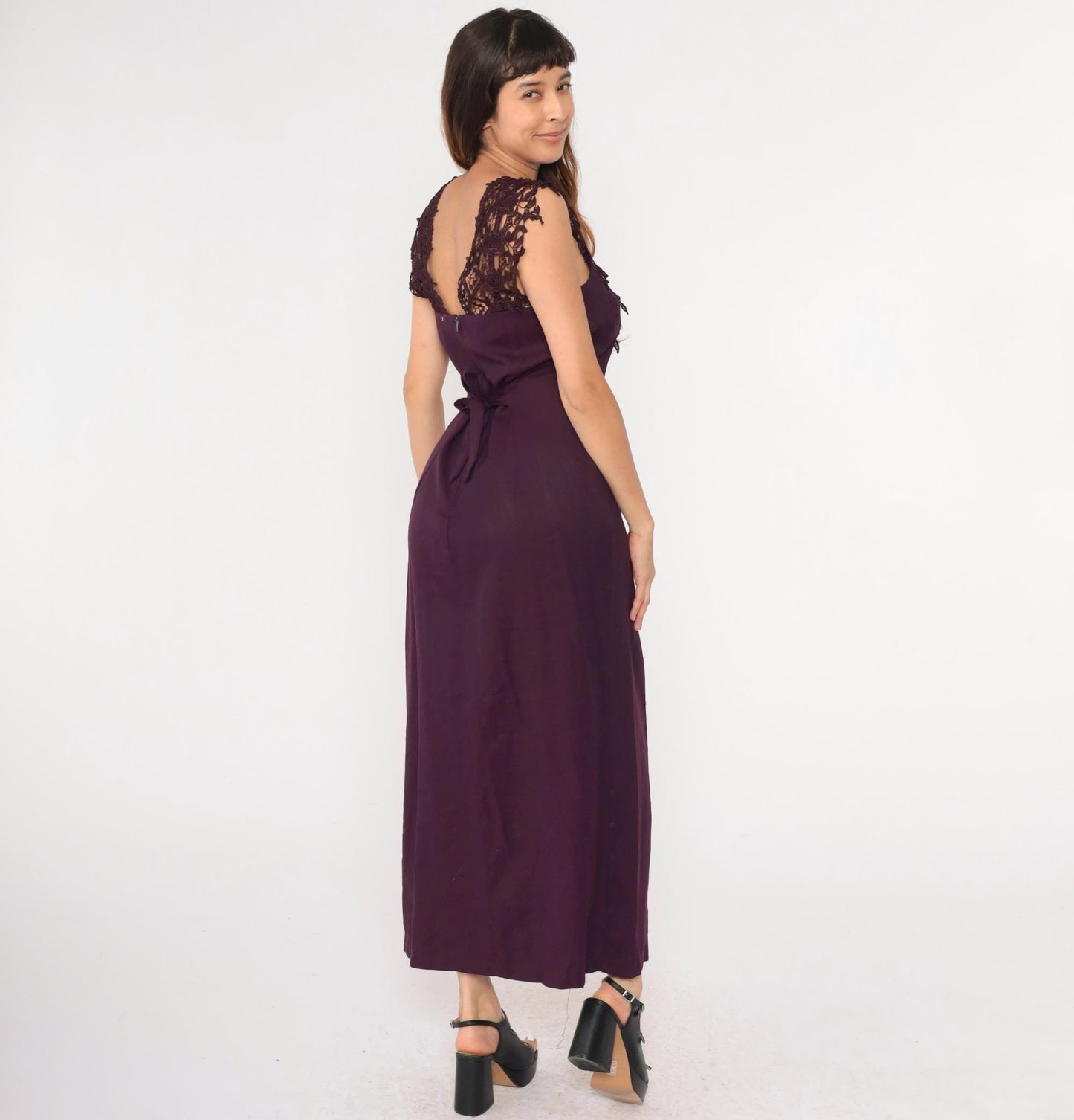 90s Purple Maxi Dress Lace Trim Rosette Sweetheart Spaghetti Strap Slit Medium
