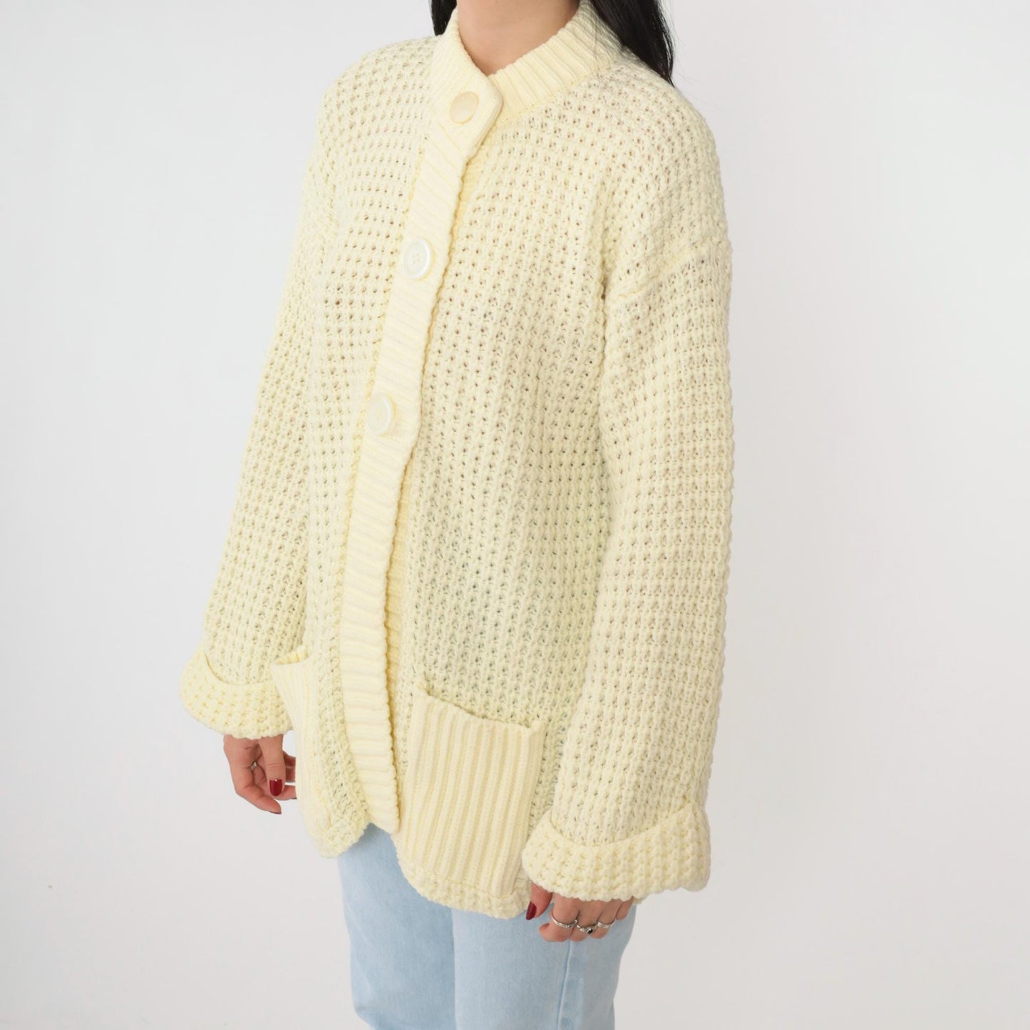 70s Cream Yellow Waffle Knit Cardigan Button-Up Ribbed Collar Pockets Medium Large