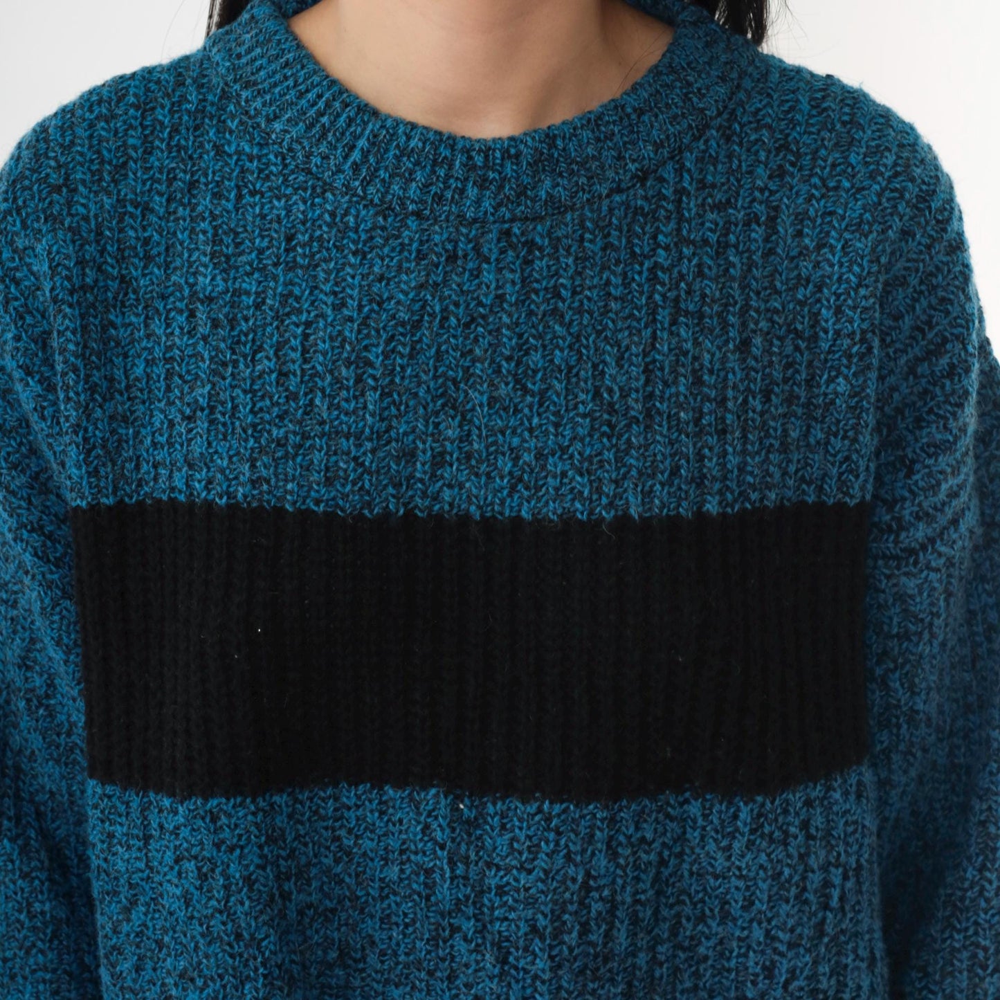 80s Wool Color Block Sweater Blue Black Striped Crewneck Pullover Men's Medium M