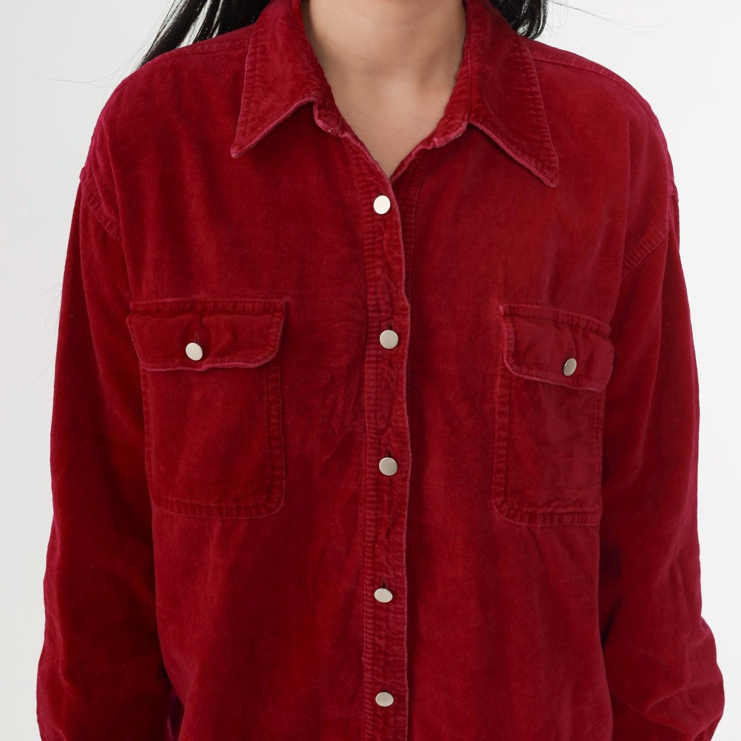 90s Red Cotton Oxford Button-Up Blouse Long Sleeve Chest Pocket Small