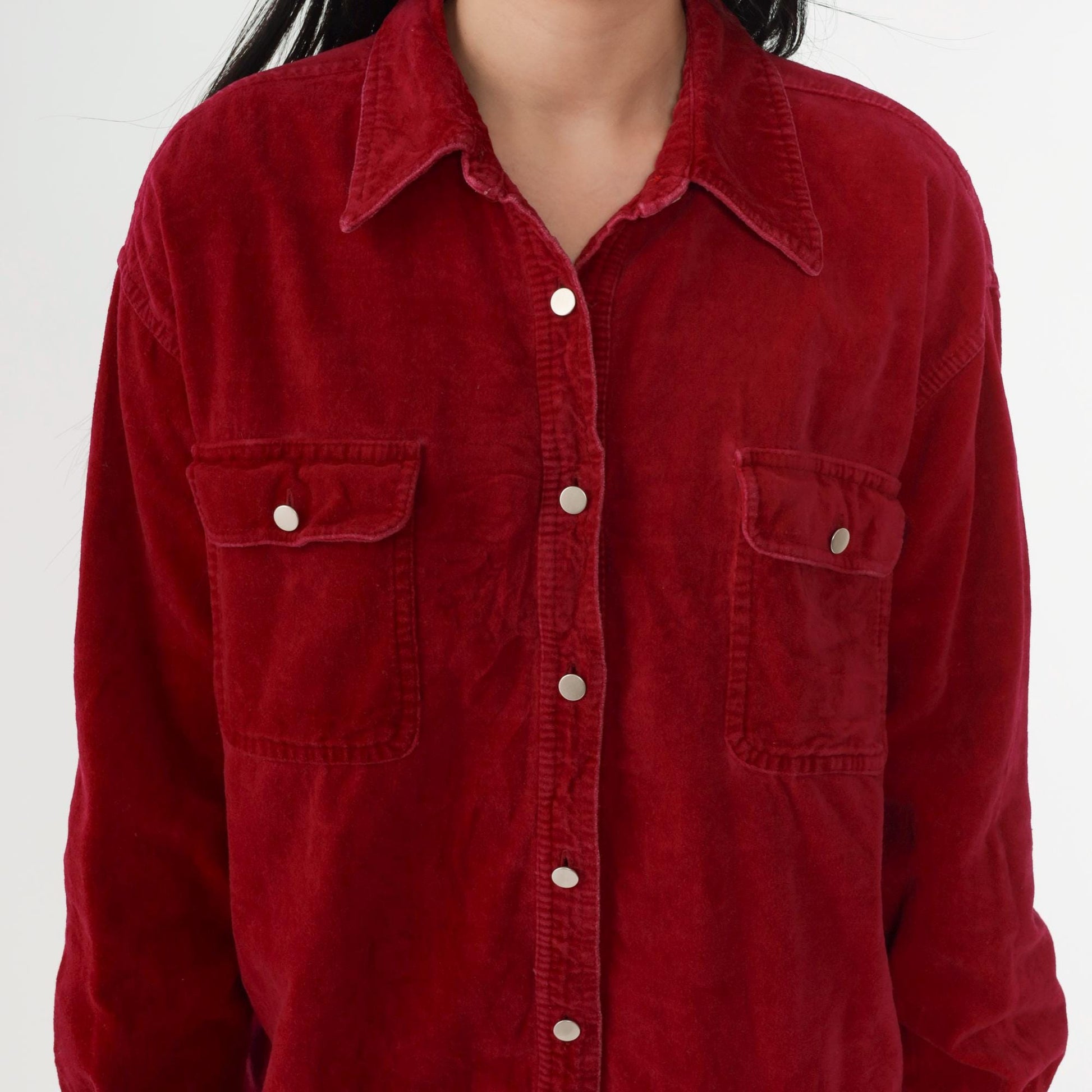 90s Red Cotton Oxford Button-Up Blouse Long Sleeve Chest Pocket Small
