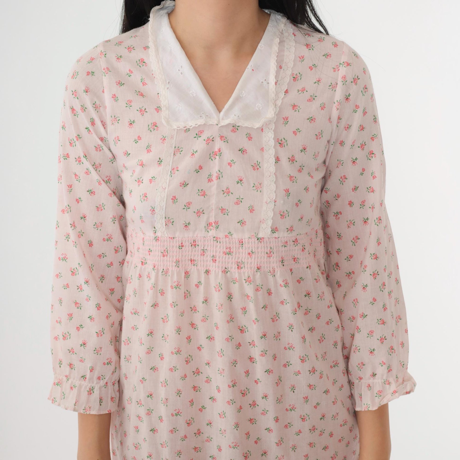 70s Floral Babydoll Dress Baby Pink Empire Waist Mini 3/4 Sleeve Extra Small