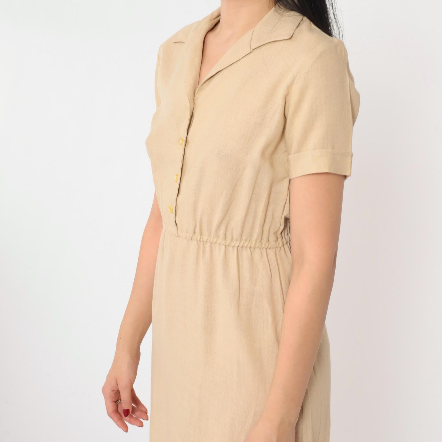 70s Tan Linen Shirtdress Button-Up Midi High-Waisted Short Sleeve Extra Small