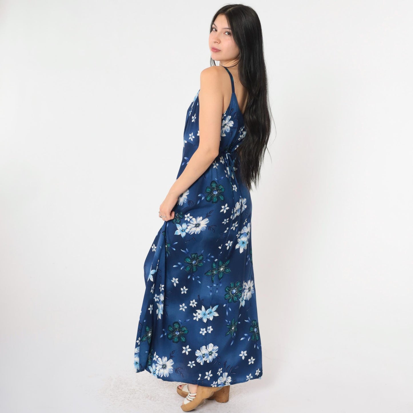 90s Blue Floral Maxi Dress Spaghetti Strap High Waist Medium