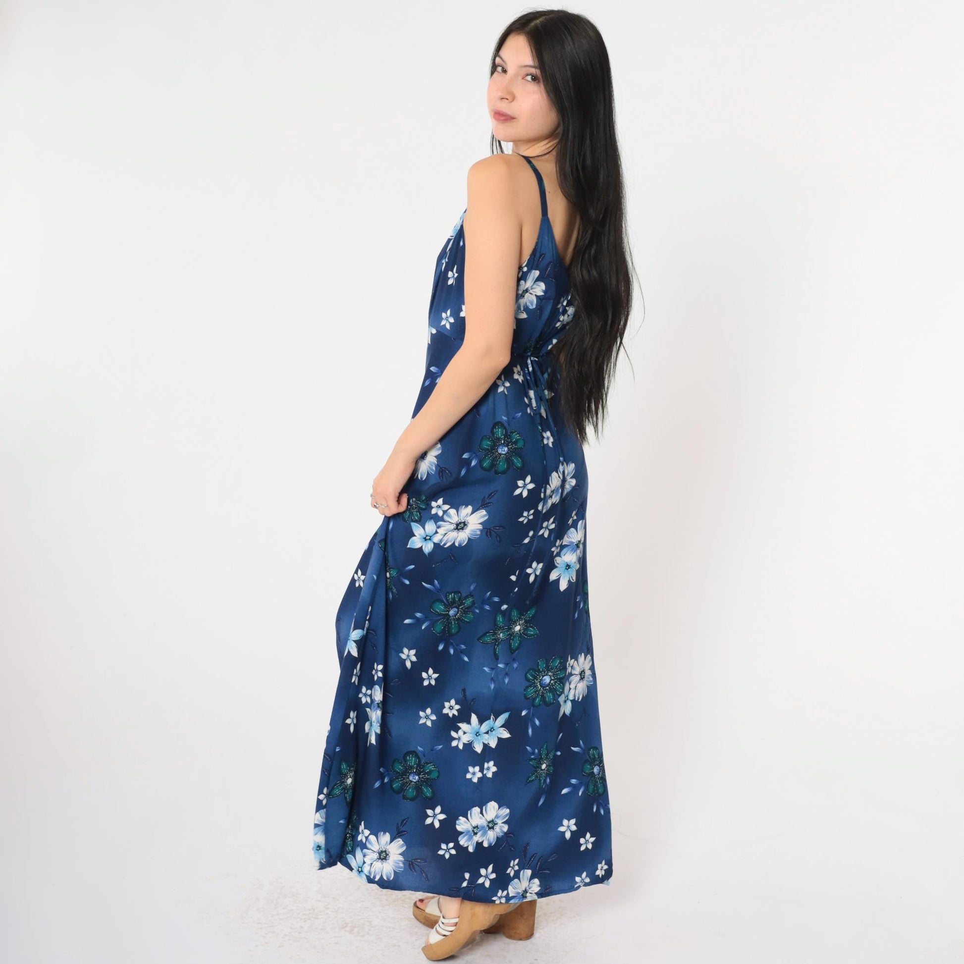 90s Blue Floral Maxi Dress Spaghetti Strap High Waist Medium