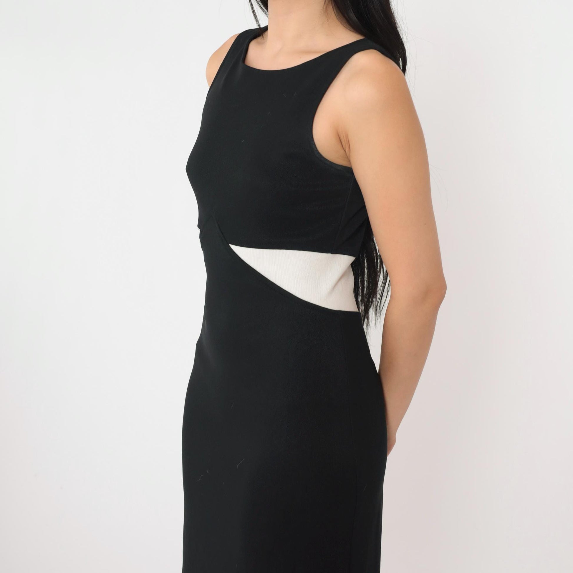 90s All That Jazz Black Maxi Dress White Trim Sleeveless Slit Medium