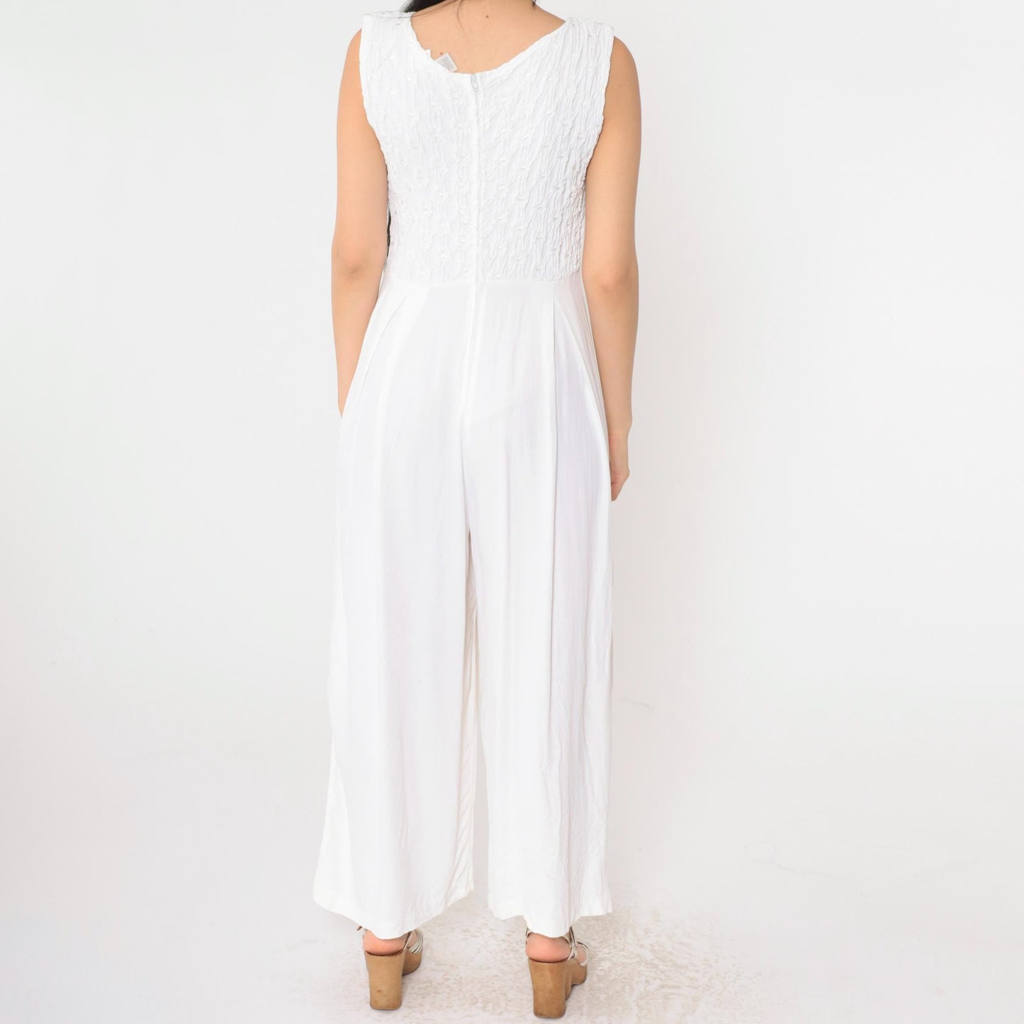 90s Express White Smocked Jumpsuit Sleeveless Wide Leg Scoop Neck Small