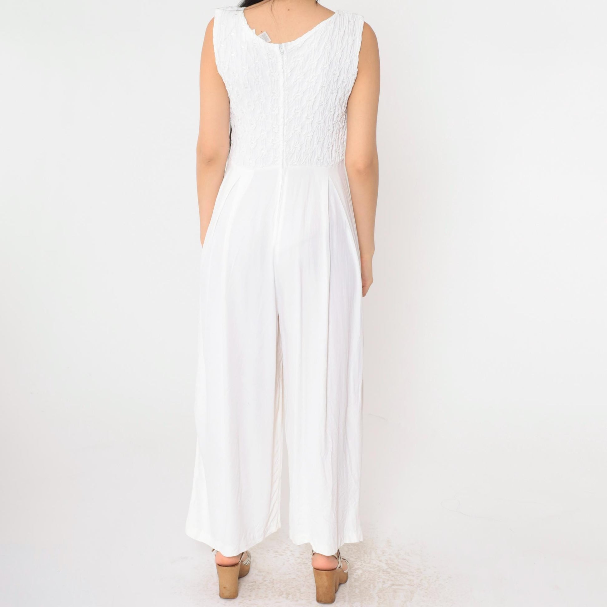 90s Express White Smocked Jumpsuit Sleeveless Wide Leg Scoop Neck Small