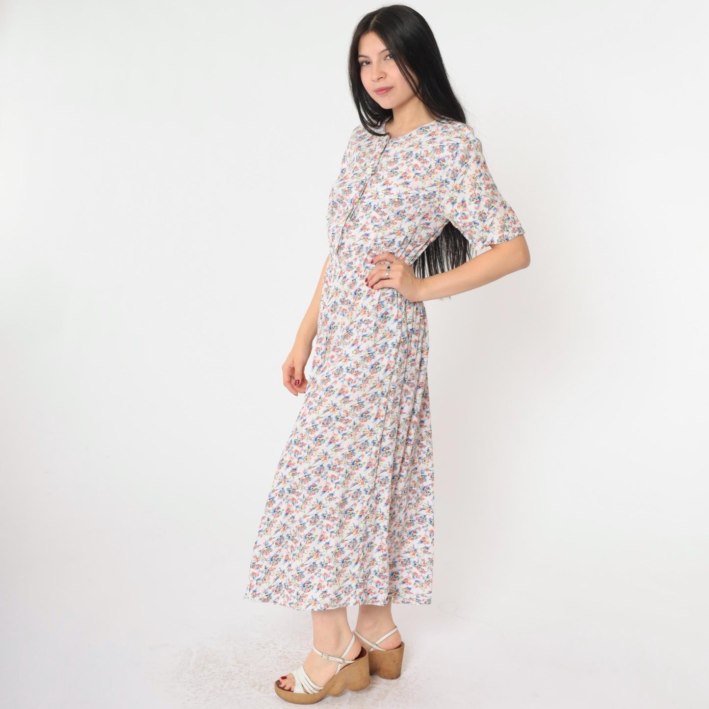 90s White Floral Print Button-Up Shirtdress Maxi Ankle Length Small