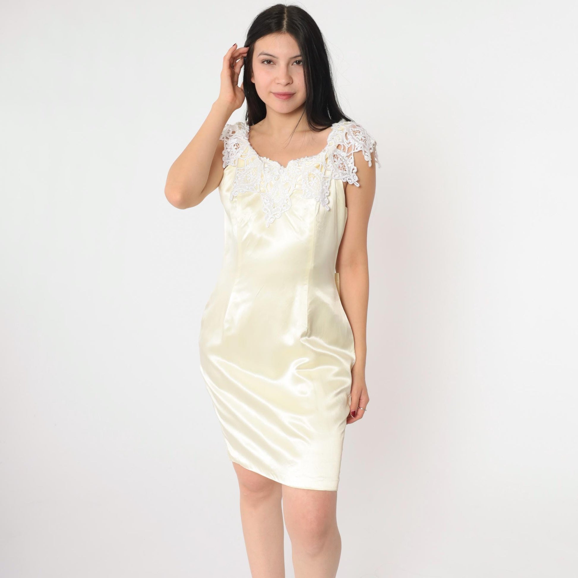 90s Cream Satin Lace Shift Dress Mini Sleeveless Small S