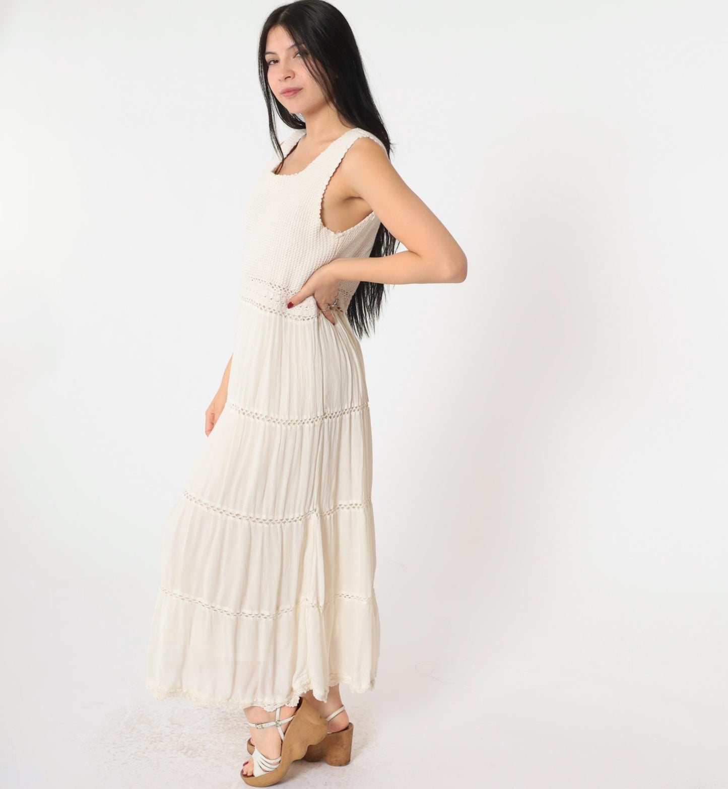 Y2K Cream Crochet Gauze Maxi Dress Sleeveless High Waist Small
