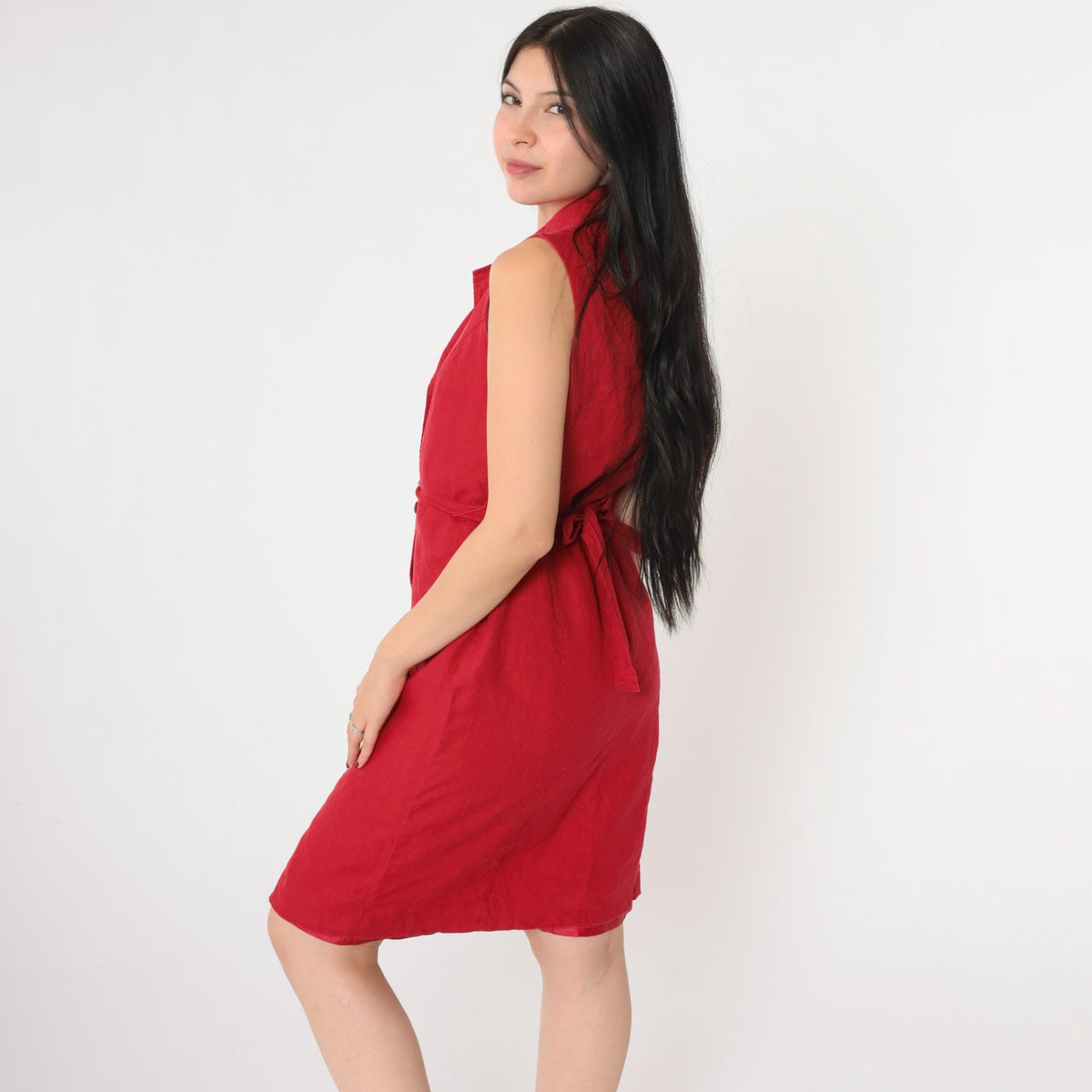 90s Talbots Red Linen Sleeveless Shift Dress Double Breasted Small