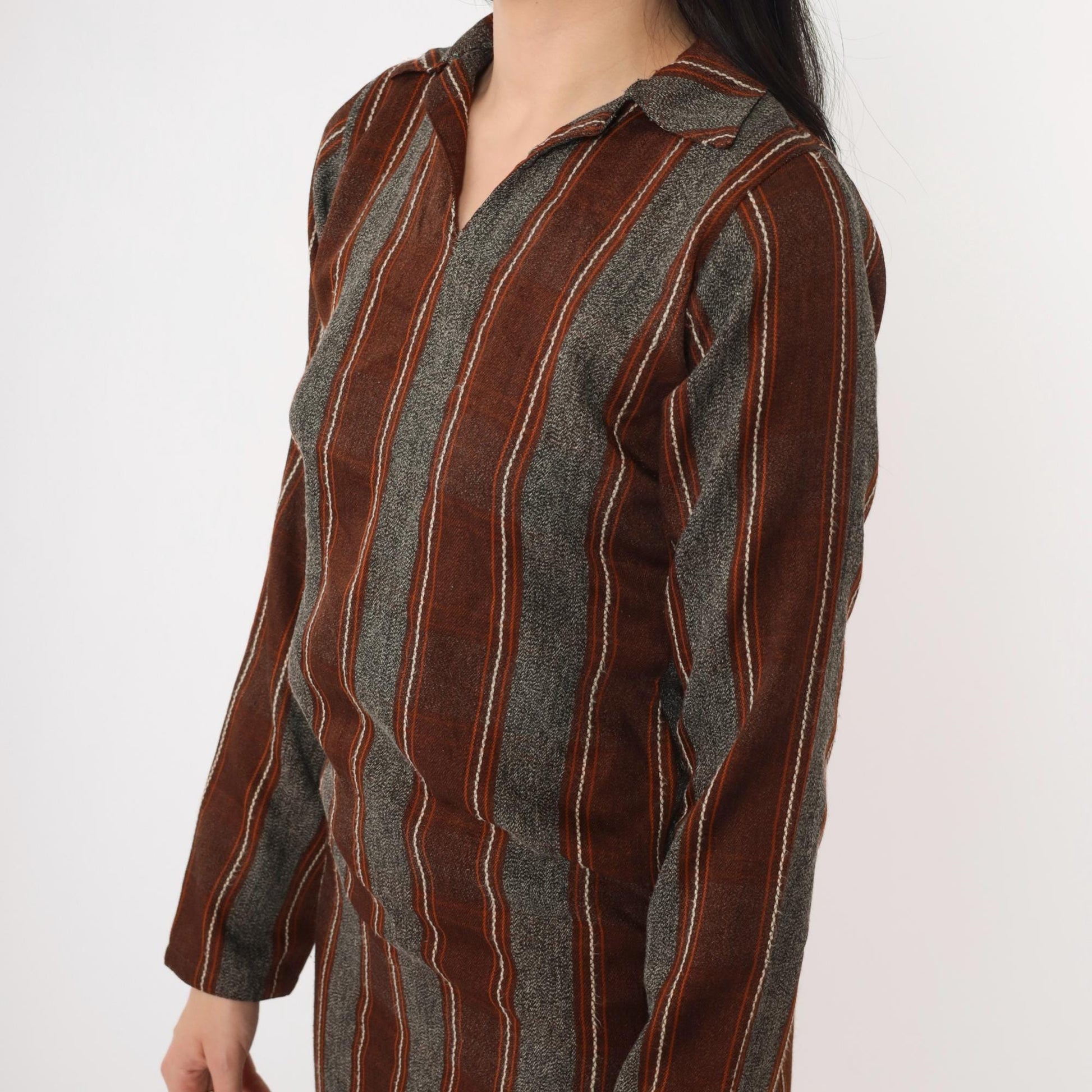 70s Striped Shift Dress Mini V-Neck Long Sleeve Grey Brown Orange Extra Small