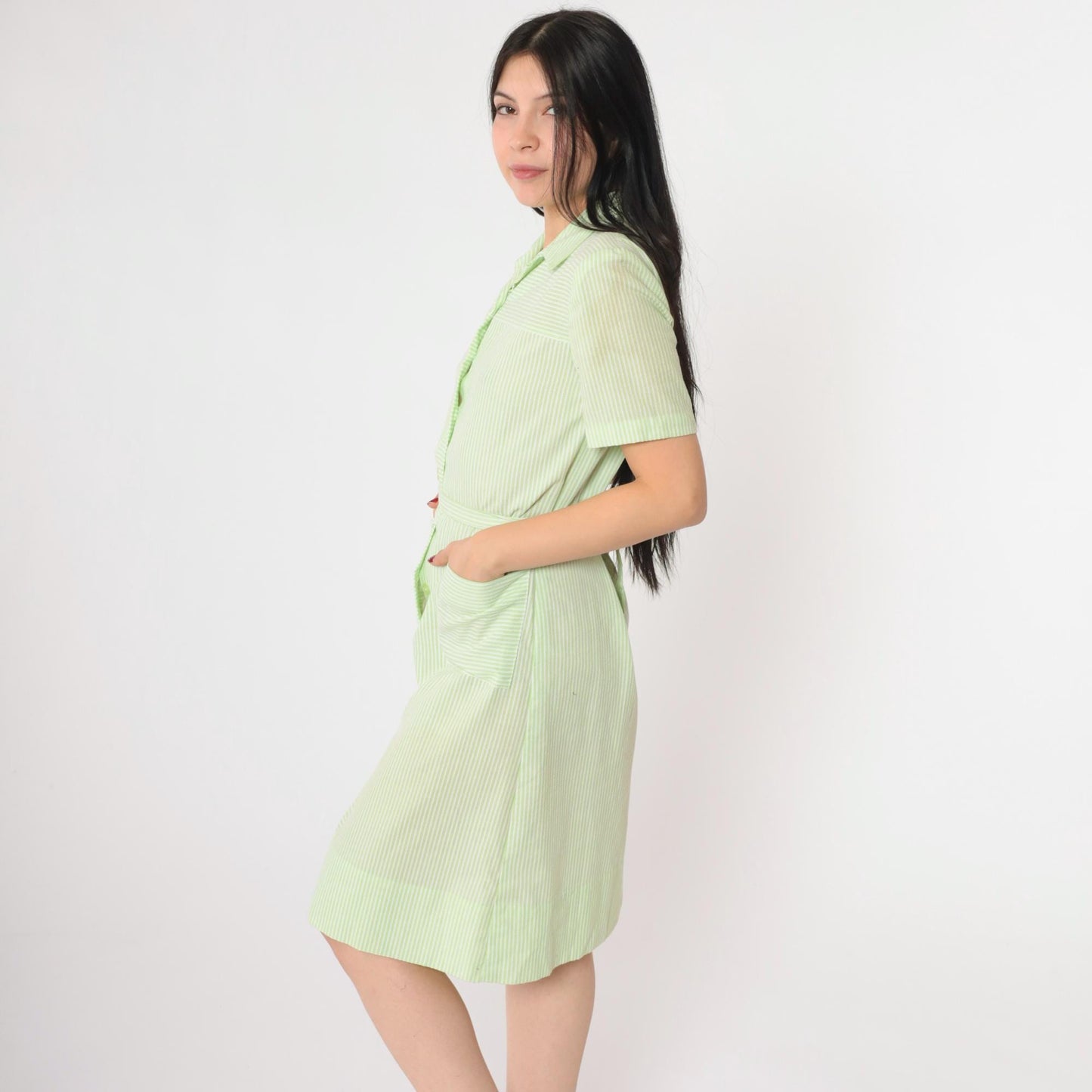 60s Nancy Frock Pastel Green Striped Button-Up Shift Dress Knee-Length Small