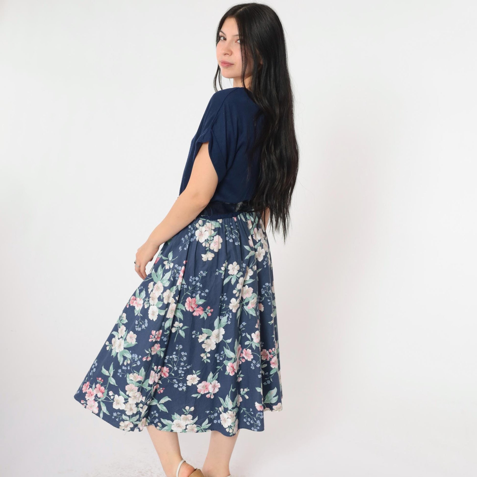 80s Navy Floral Midi Dress High Waist Belted Blouson Short Sleeve Small Medium